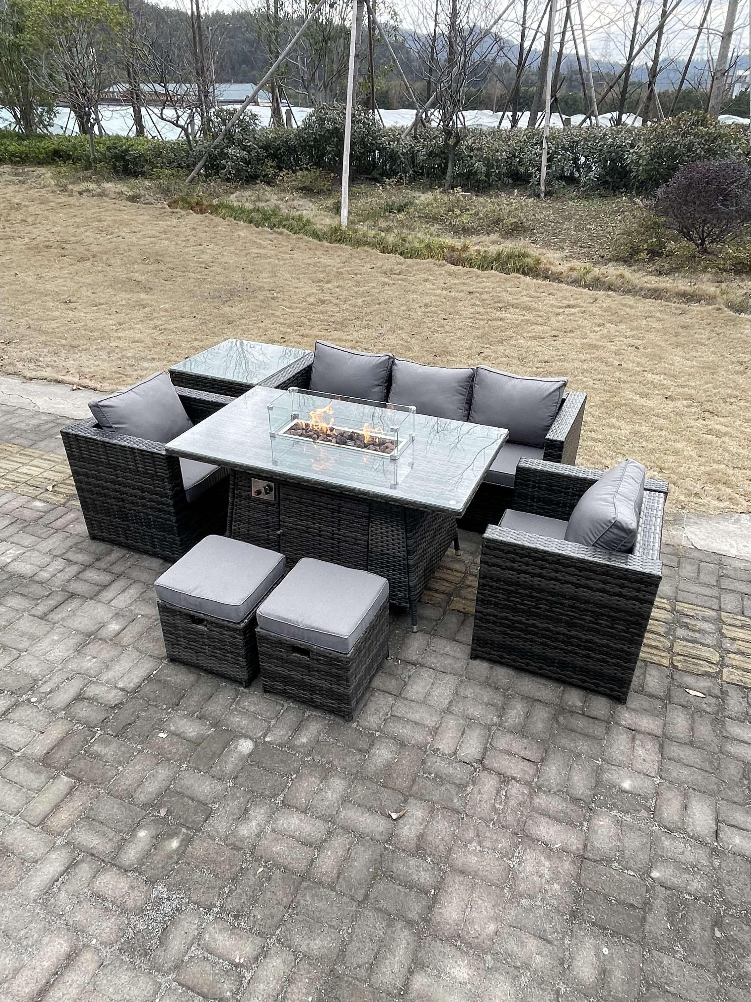 Outdoor PE Rattan Garden Furniture Gas Fire Pit Dining Table Armchairs High Side Coffee Table 2 Stools