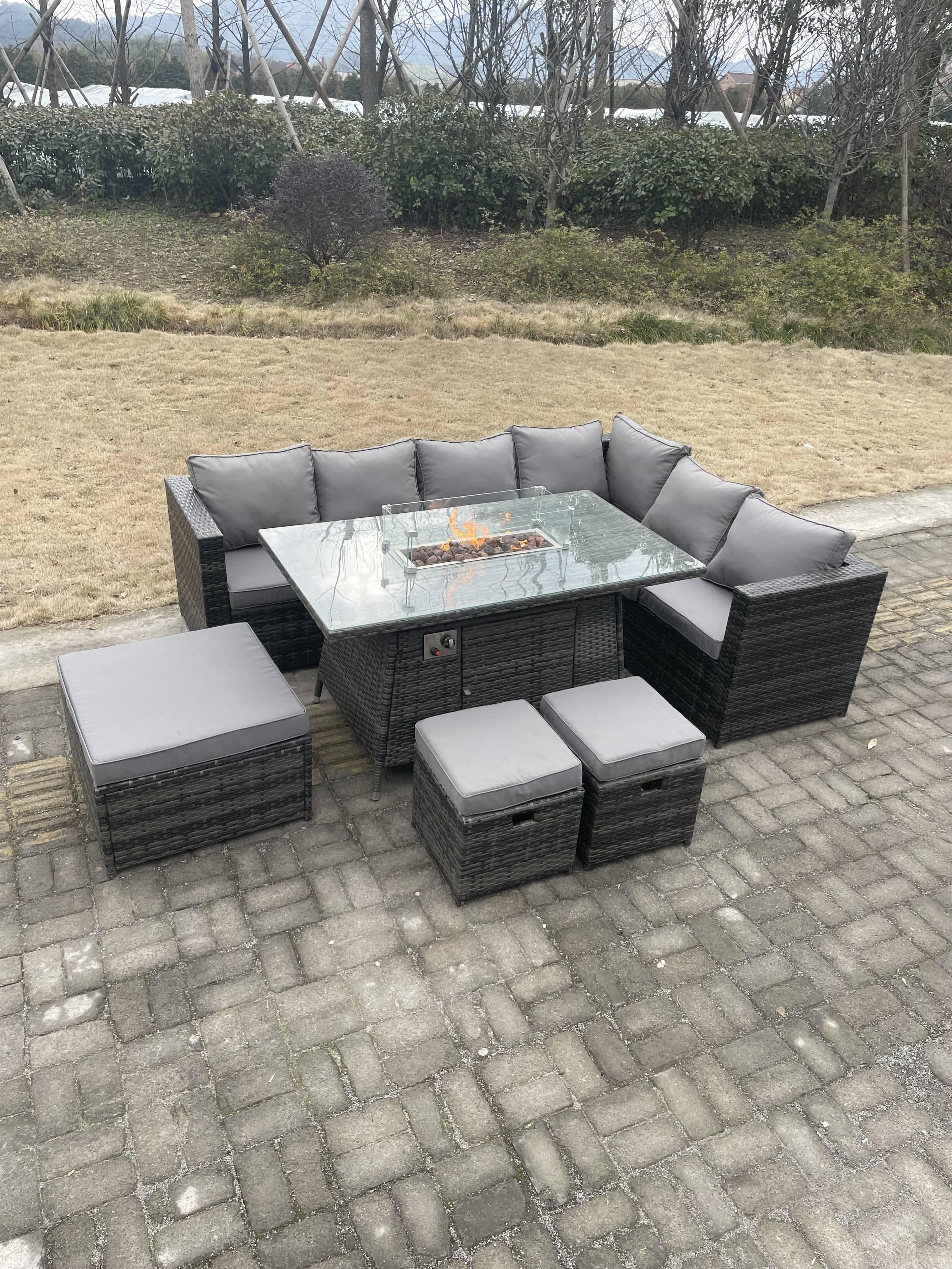 Rattan Corner Sofa Set Gas Firepit Dining Table Set Patio Heater Burner Big Footstool Dark Grey Mixed 9 Seater