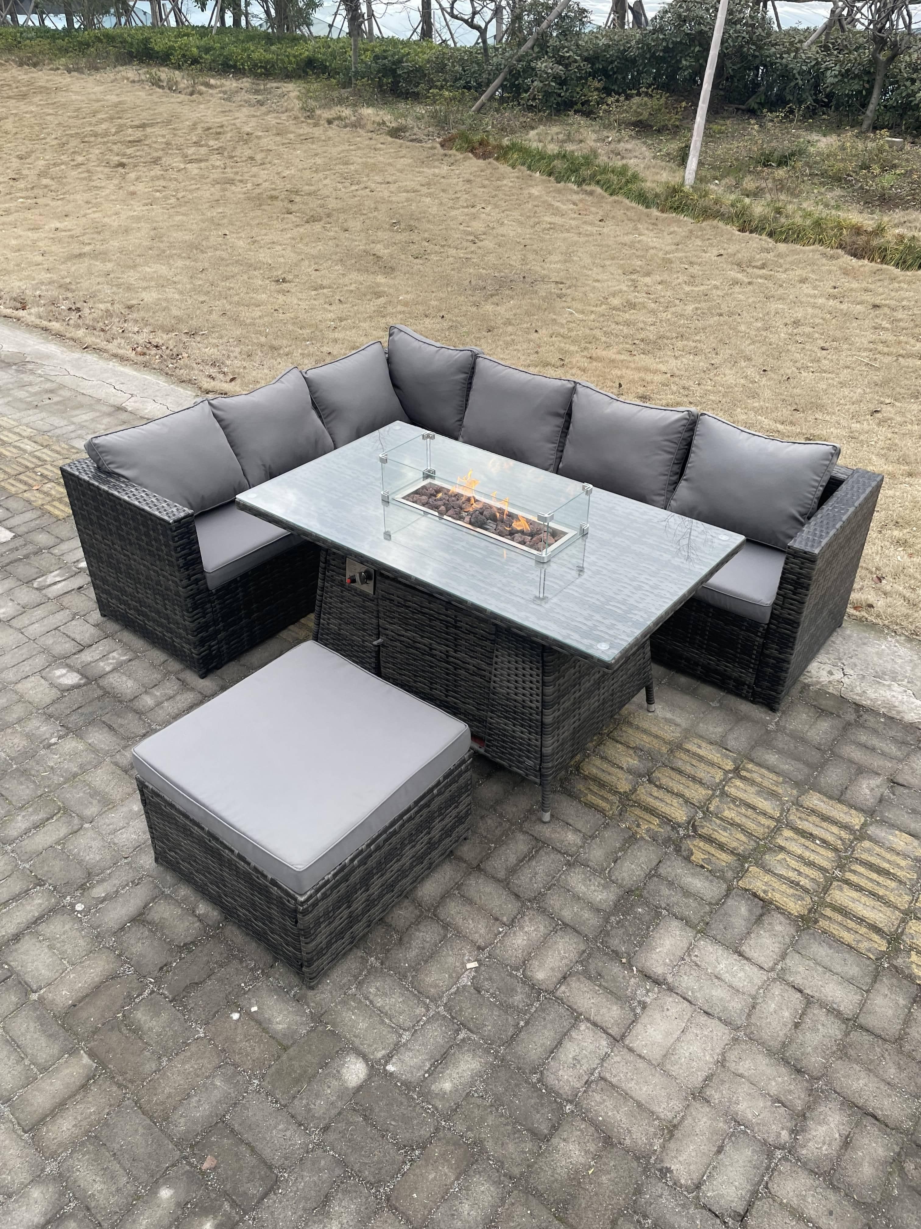 Rattan Corner Sofa Set Gas Firepit Dining Table Set Patio Heater Burner Big Footstool Dark Grey