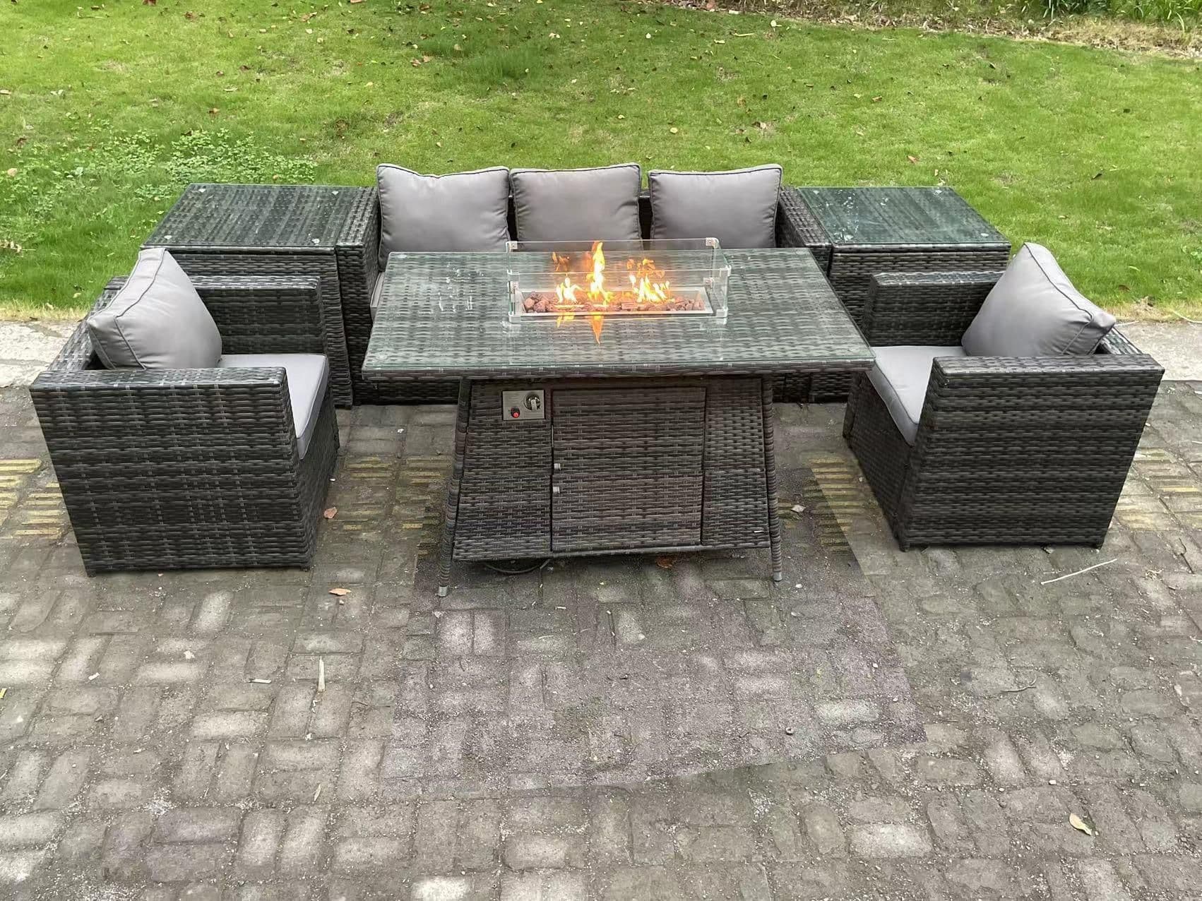 Outdoor Lounge Rattan Sofa Set Garden Furniture Gas Firepit Set Dining Table Patio Heater 2 Chair 2 Coffee Table