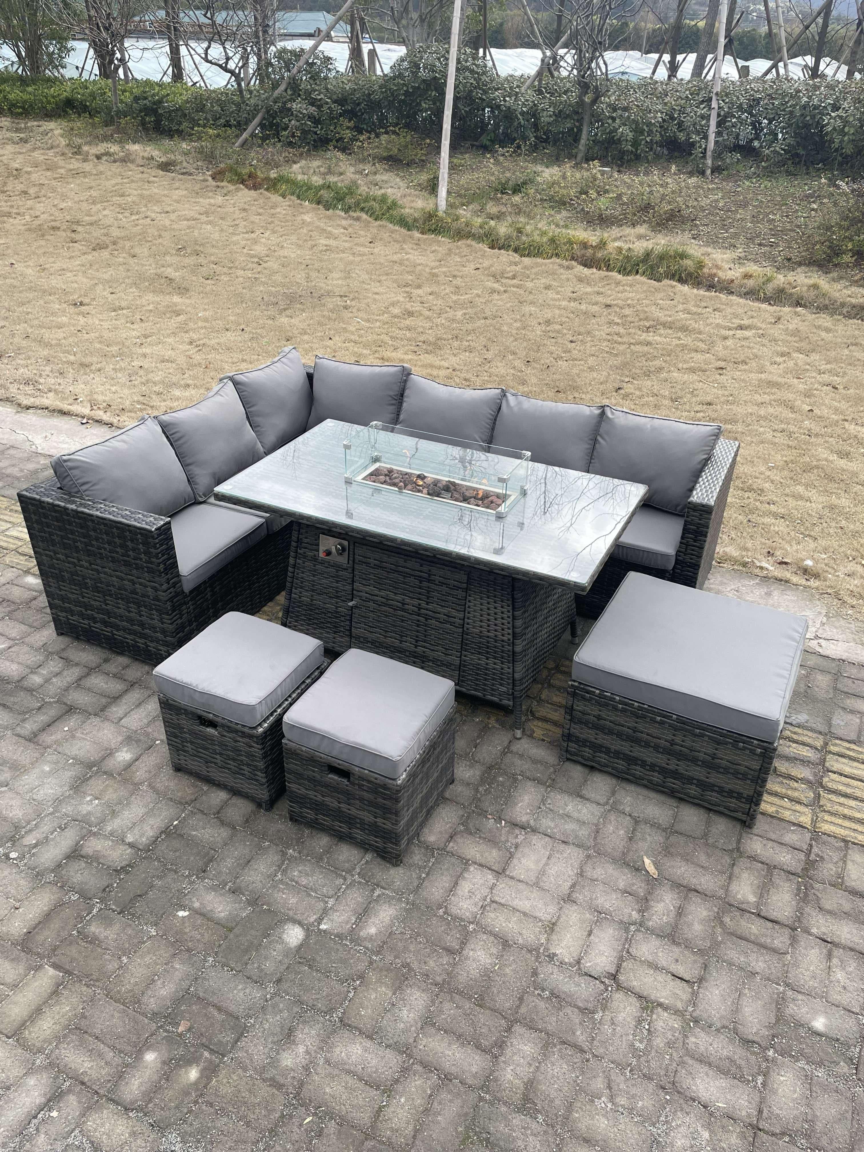 9 Seater Rattan Corner Sofa Set Gas Firepit Dining Table Set Patio Heater Burner Big Footstool Dark Grey