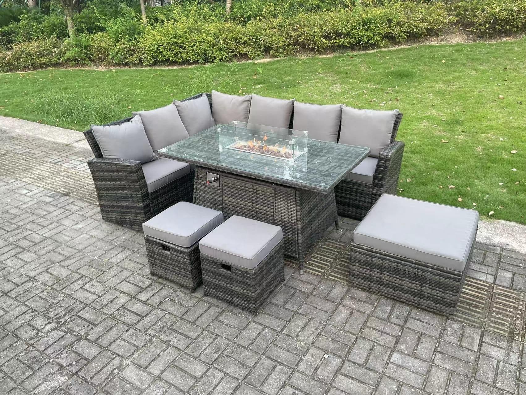 9 Seater High Back Rattan Gas Fire Pit Corner Sofa Set Garden Furniture Heater Dining Table Set Left Hand