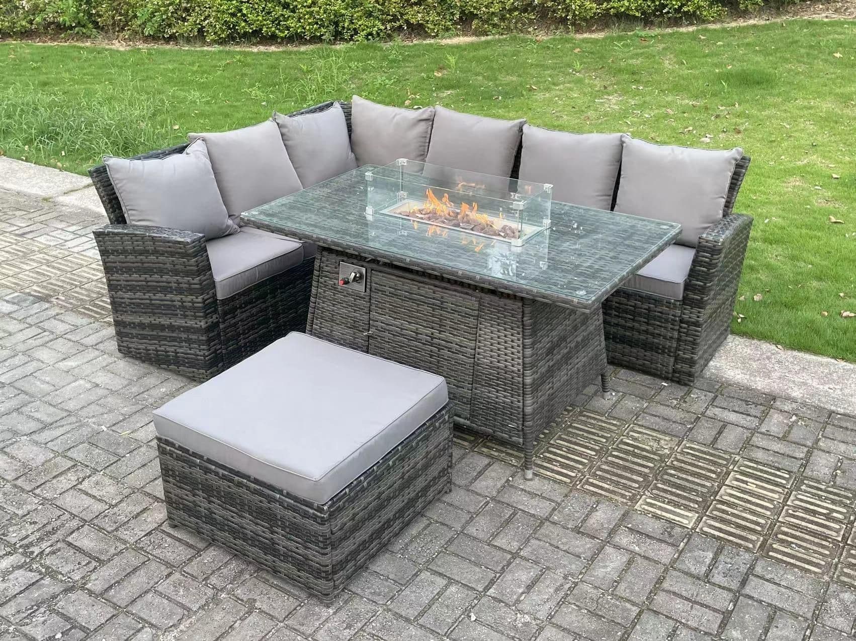 7 Seater High Back Rattan Gas Fire Pit Corner Sofa Dining Set Garden Furniture Heater Dining Table Left Side