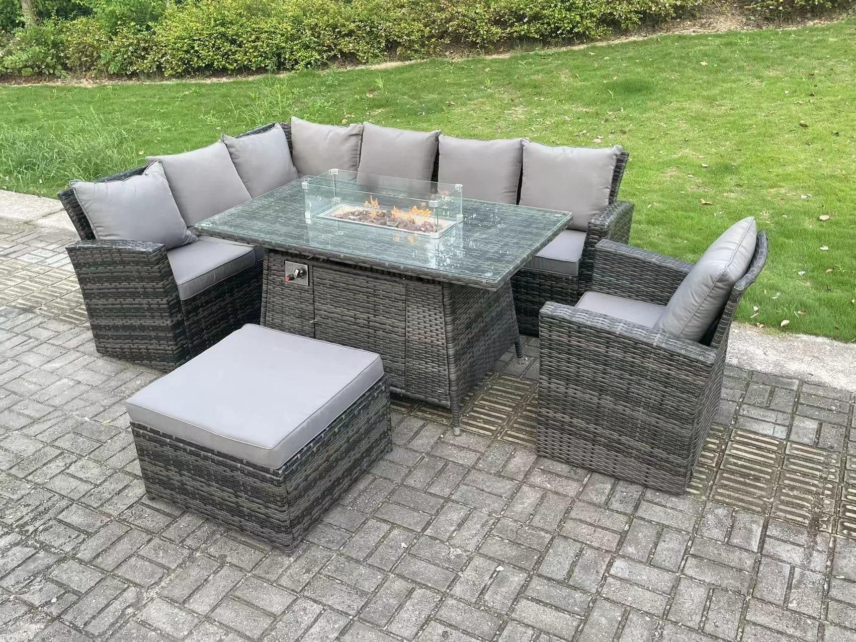 8 Seater Outdoor Rattan Gas Fire Pit Sofa Dining Set Garden Furniture Heater Dining Table Chair Left Side