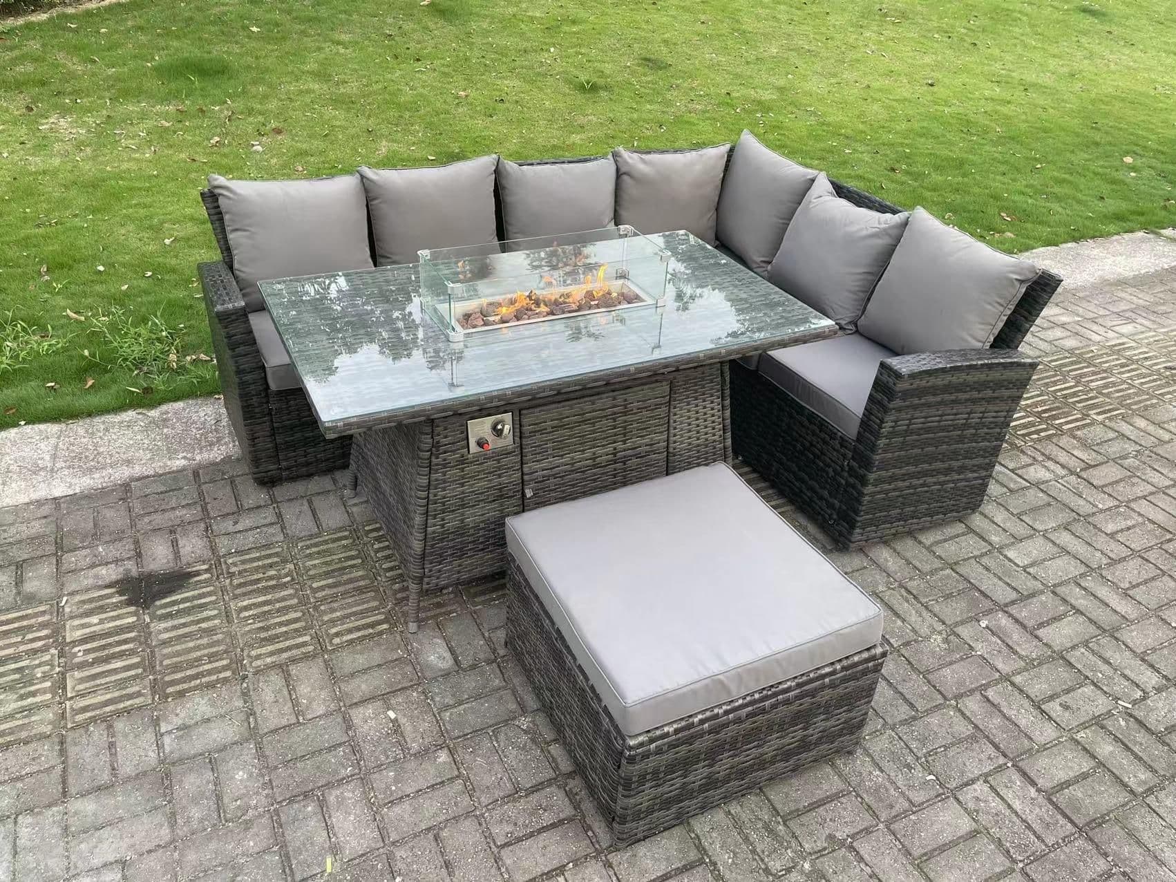 Outdoor High Back Rattan Gas Fire Pit Corner Sofa Dining Set Garden Furniture Heater Dining Table Right Side