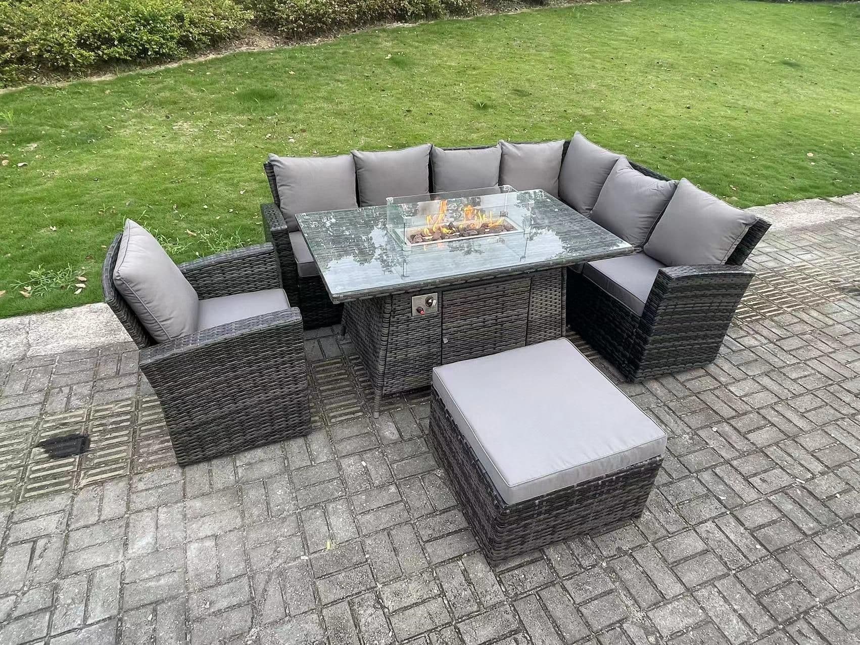 8 Seater Outdoor Rattan Gas Fire Pit Sofa Dining Set Garden Furniture Heater Dining Table Chair Right Side