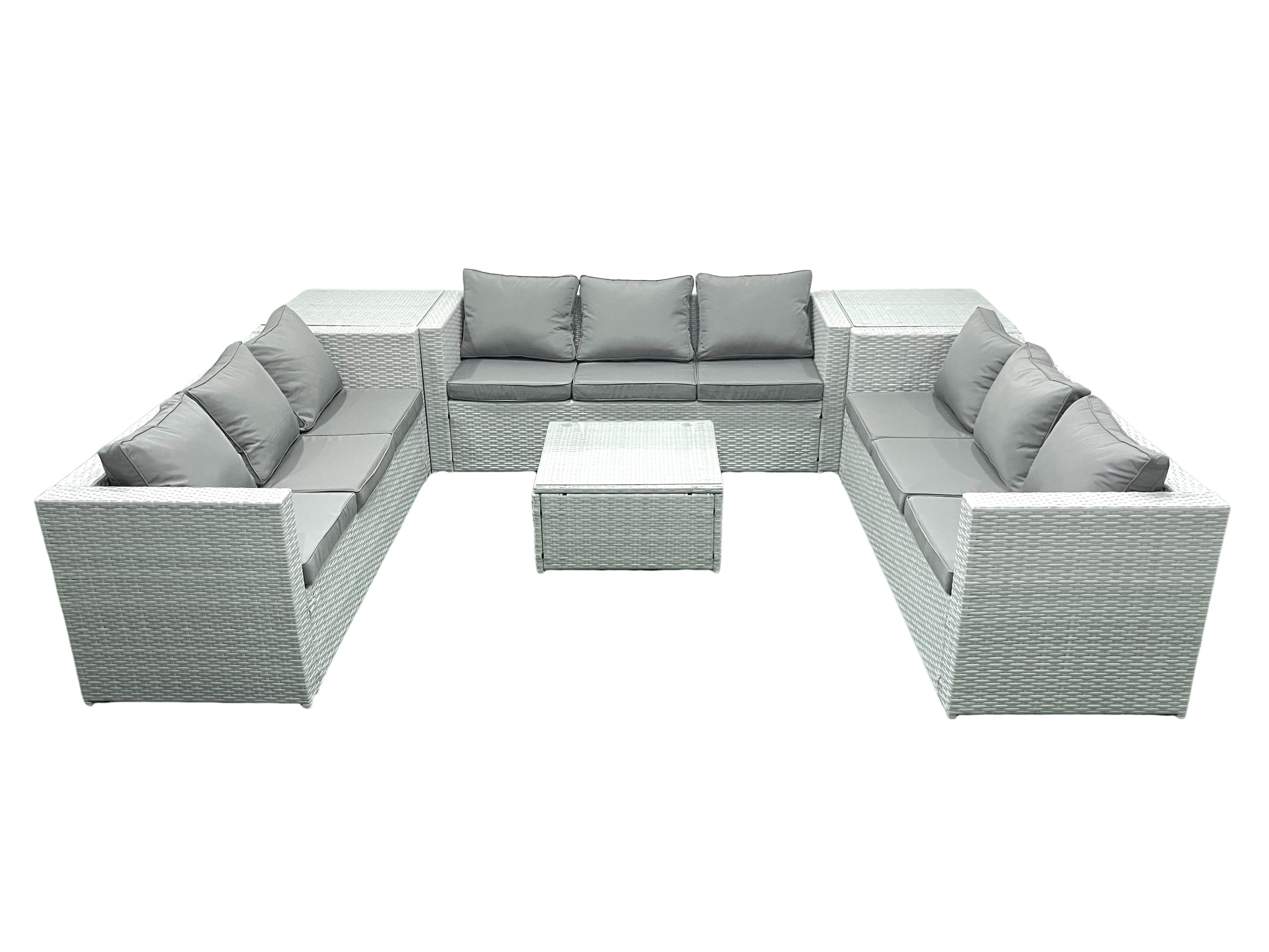 Light Grey Lounge Outdoor PE Rattan Garden Furniture Set Wicker Sofa Set 9 Seat