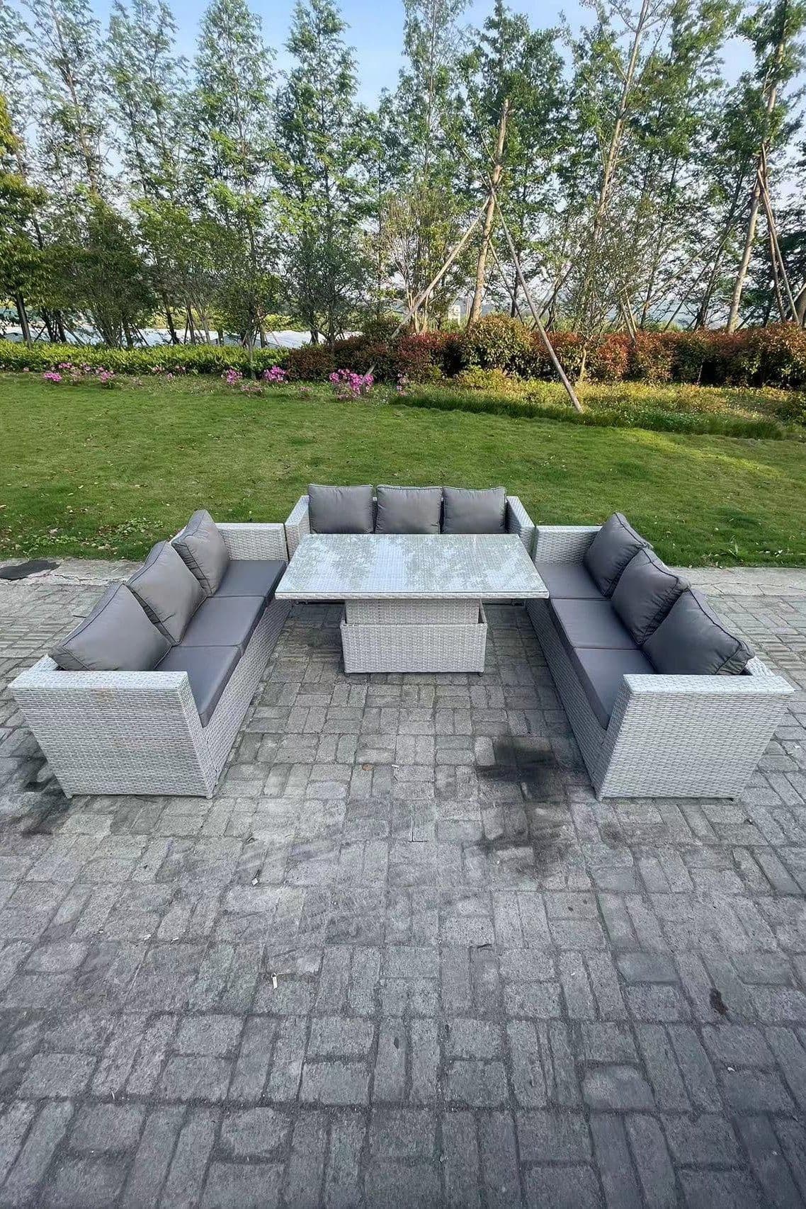 Lounge Rattan Garden Furniture Set Height Adjustable Rising Lifting Table Dining Set