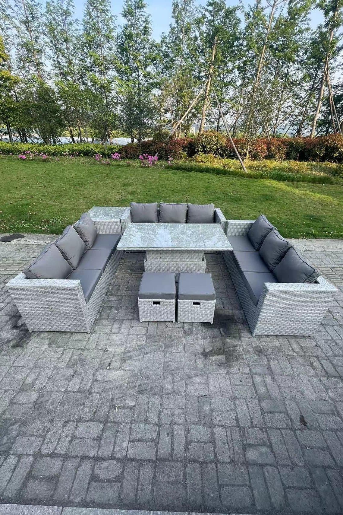 U Shape Rattan Garden Furniture Set Adjustable Rising Lifting Table Dining Set Coffee Tea Table
