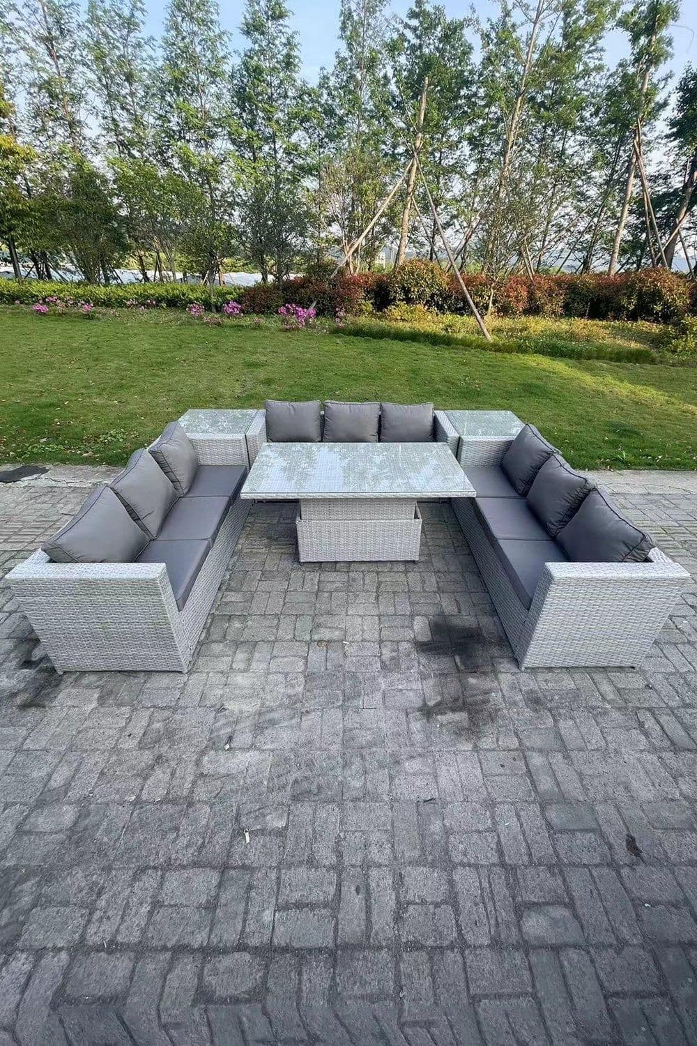 U Shape Rattan Garden Furniture Set Adjustable Rising Lifting Table 2 PC Side Coffee Tea Table