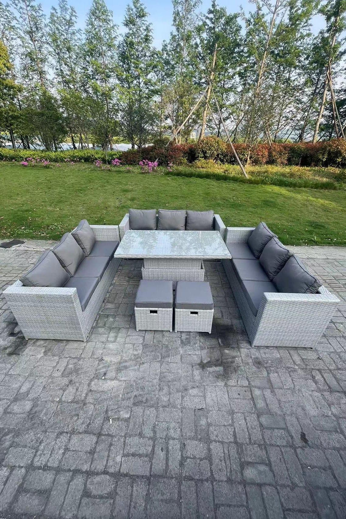 U Shape Rattan Garden Furniture Set Adjustable Rising Lifting Table Dining Set 2 Stools
