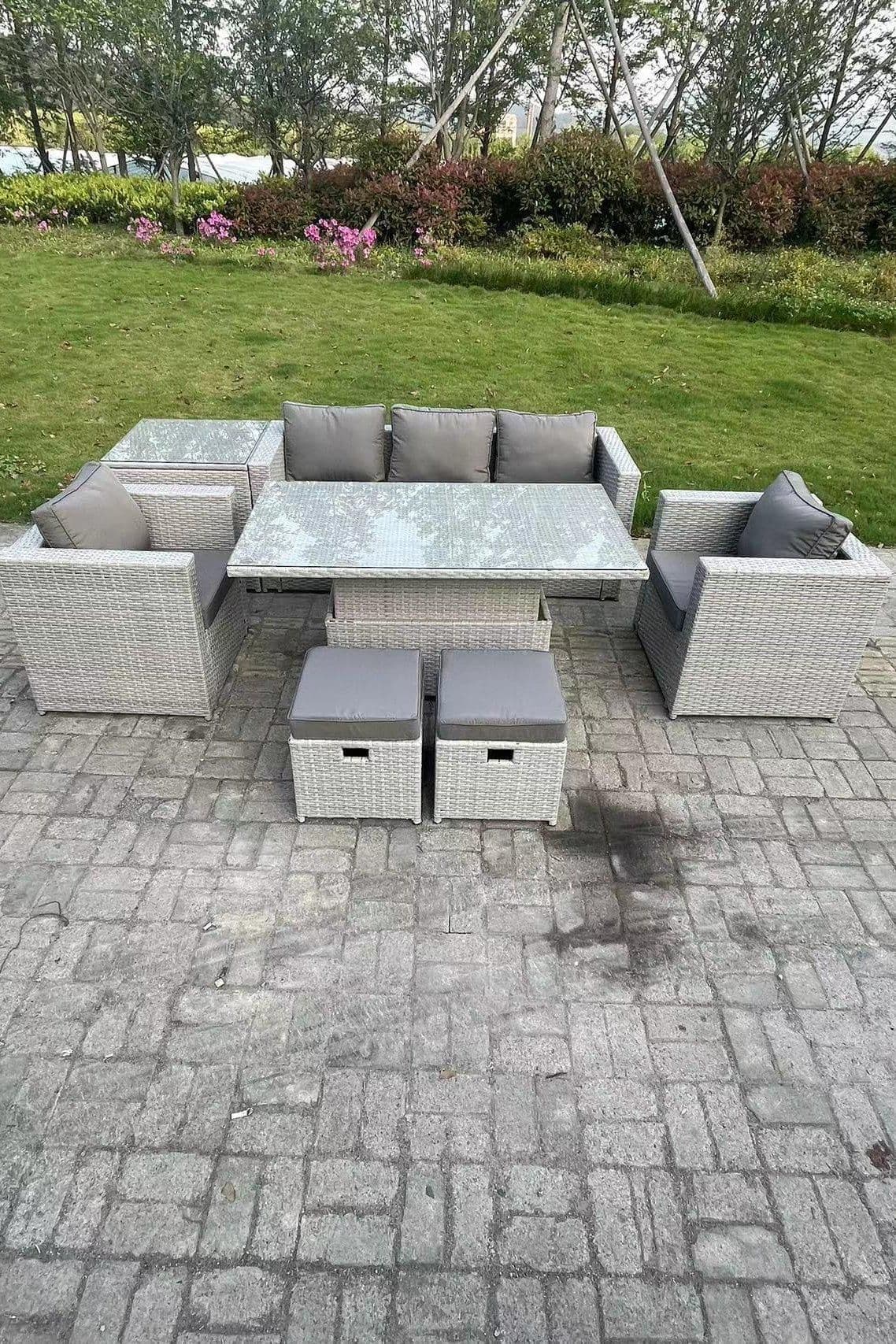 Rattan Garden Funiture Set Adjustable Rising Lifting Table Sofa Dining Set 2 Arm Chair