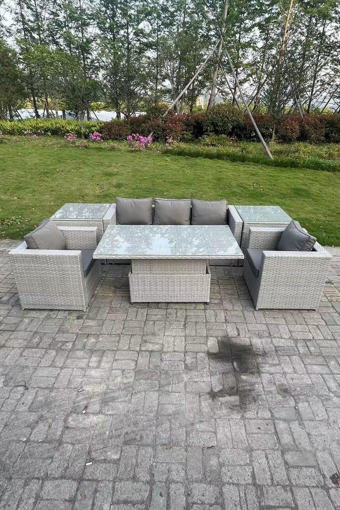 Rattan Garden Funiture Set Adjustable Rising Lifting Table Sofa Dining Set 2 Side Table