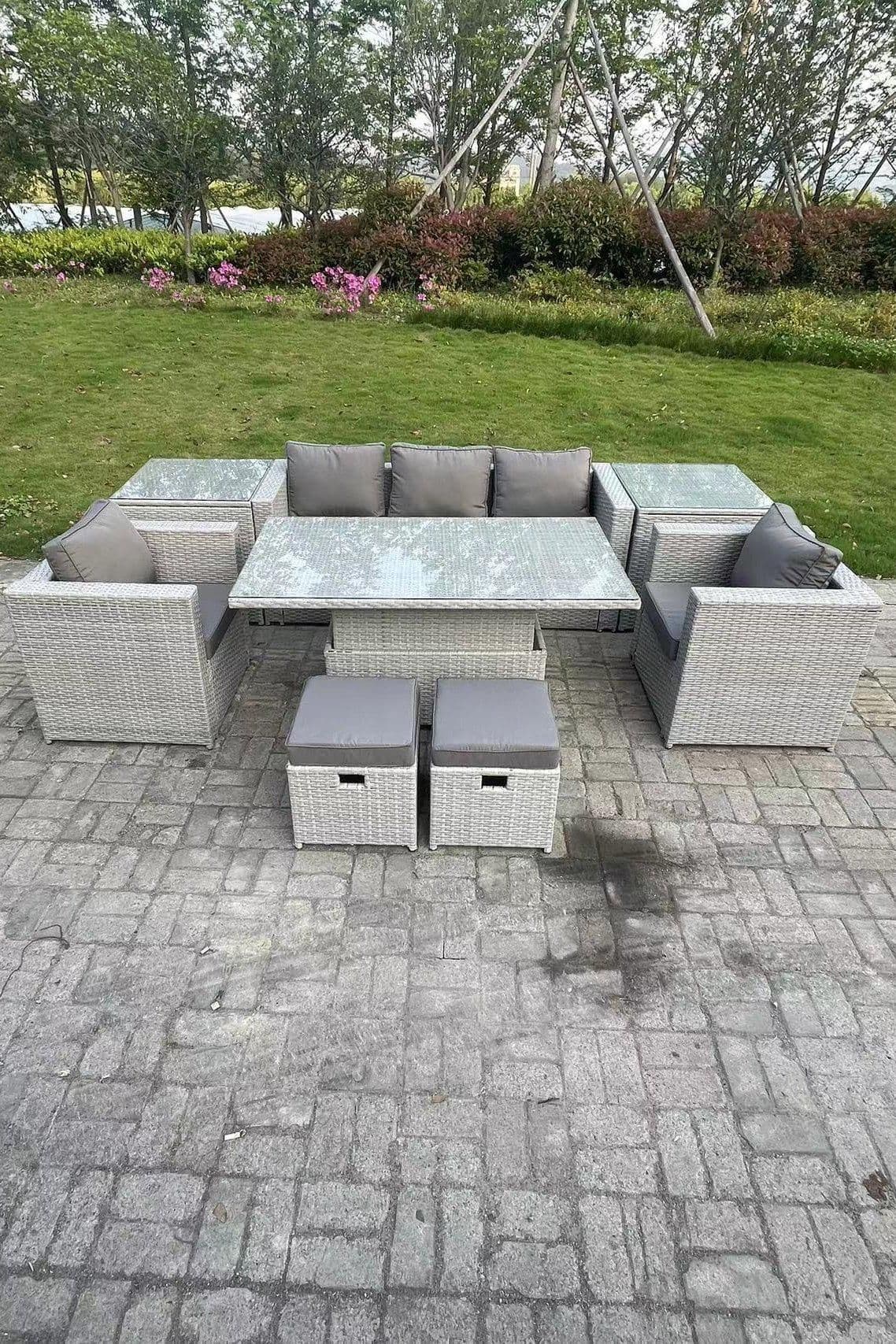 Rattan Garden Funiture Set Adjustable Rising Lifting Table Sofa Dining Set 2 Side Table Stools