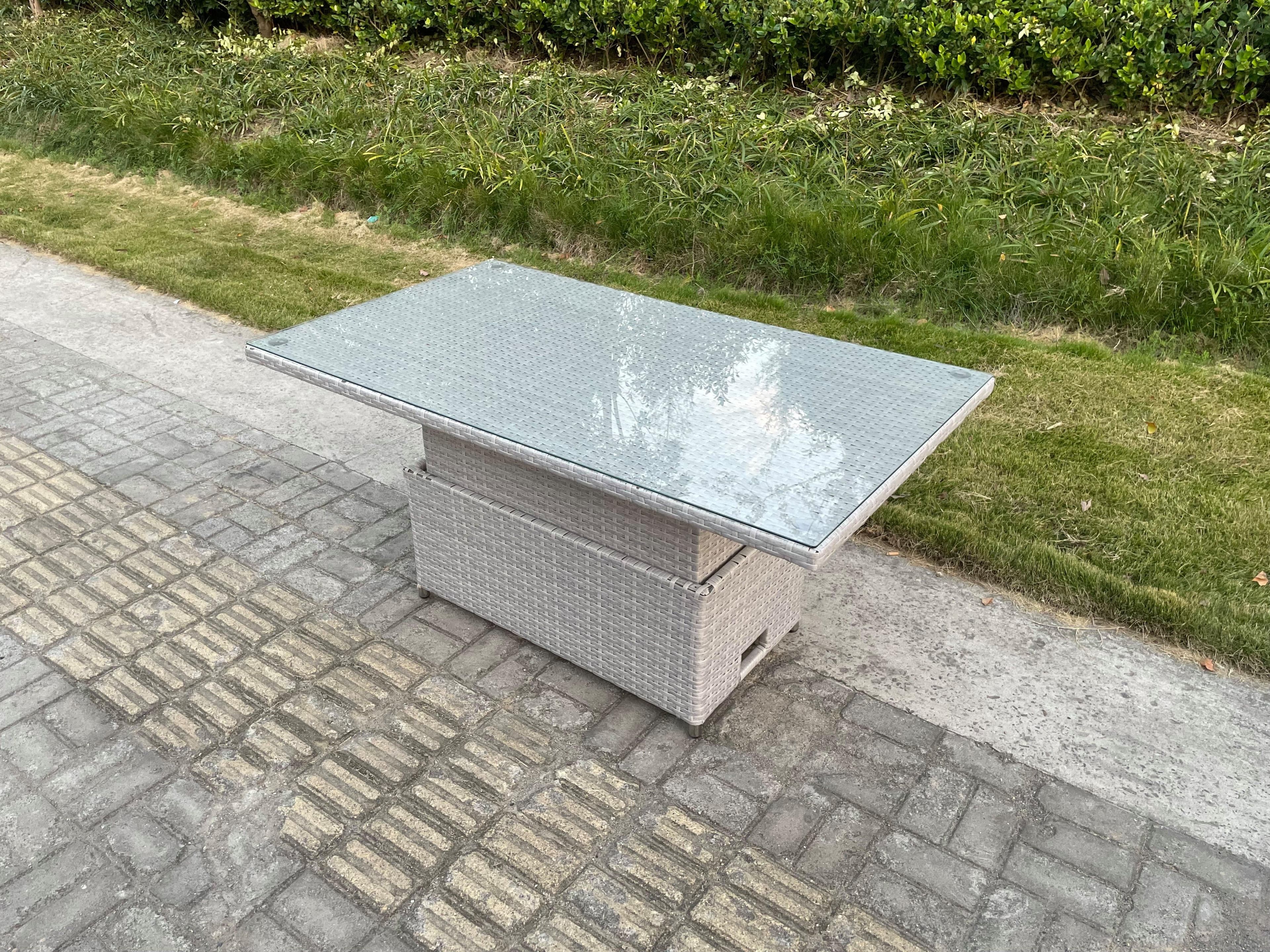 Rattan Garden Furniture Adjustable Rising Dining Coffee Table Mixed Clear Tempered Glass Semi Assembled