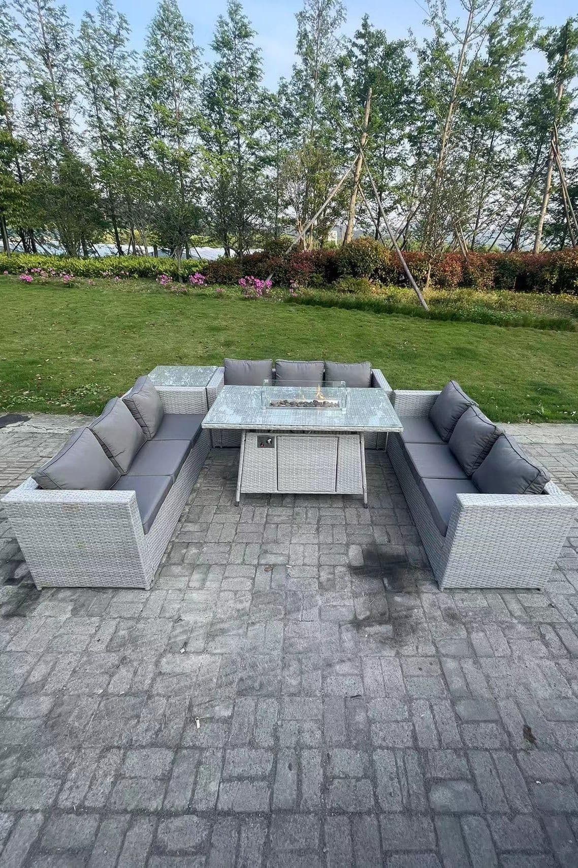 Light Grey U Shape Lounge Sofa Dining Set Gas Heater Firepit Dining Table Set Coffee Tea Table