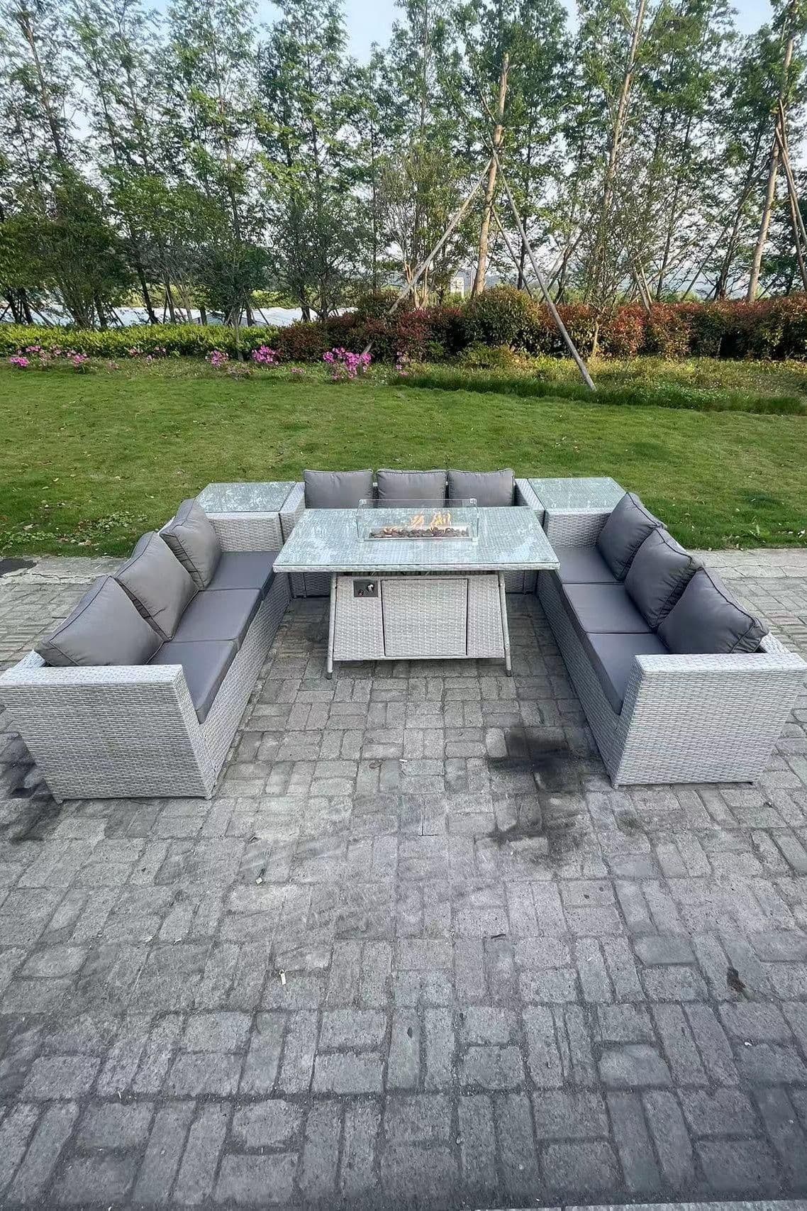 Light Grey U Shape Lounge Sofa Dining Set Gas Heater Firepit Burner Side Coffee Tea Table