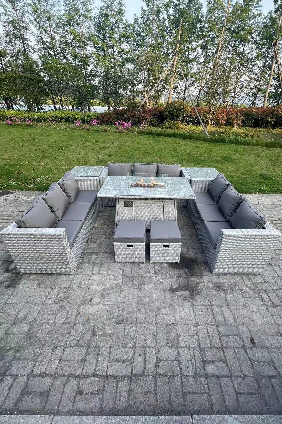 Light Grey U Shape Lounge Sofa Dining Set Gas Fire Pit Heater Burner Side Tea Table Stools