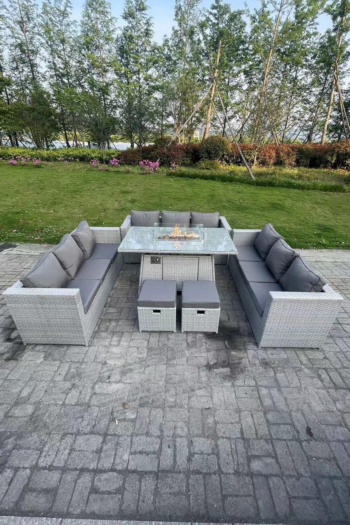 Light Grey U Shape Lounge Sofa Dining Set Gas Heater Fire pit Burner 2 PC Small Footstool