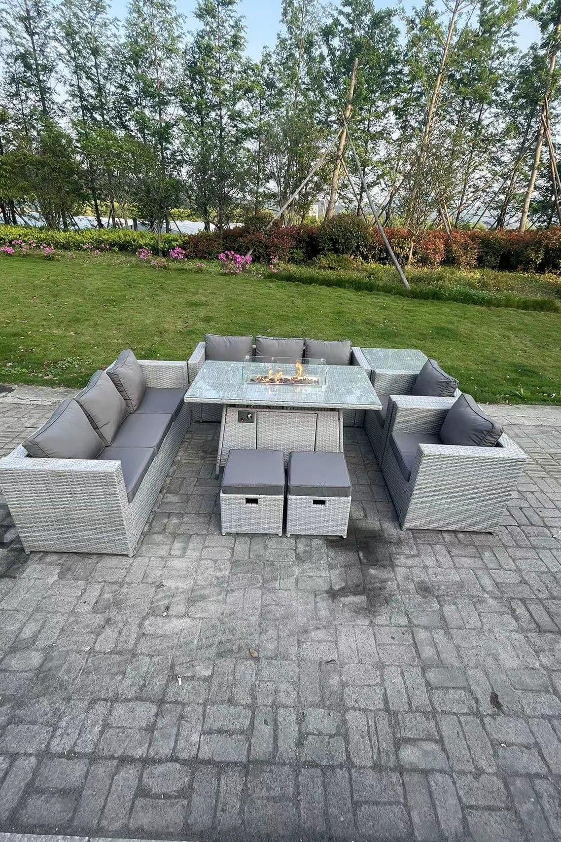 Rattan Fire Pit Garden Furniture Set Gas Heater Burner Lounge Sofa Dining Set Coffee Table Chairs