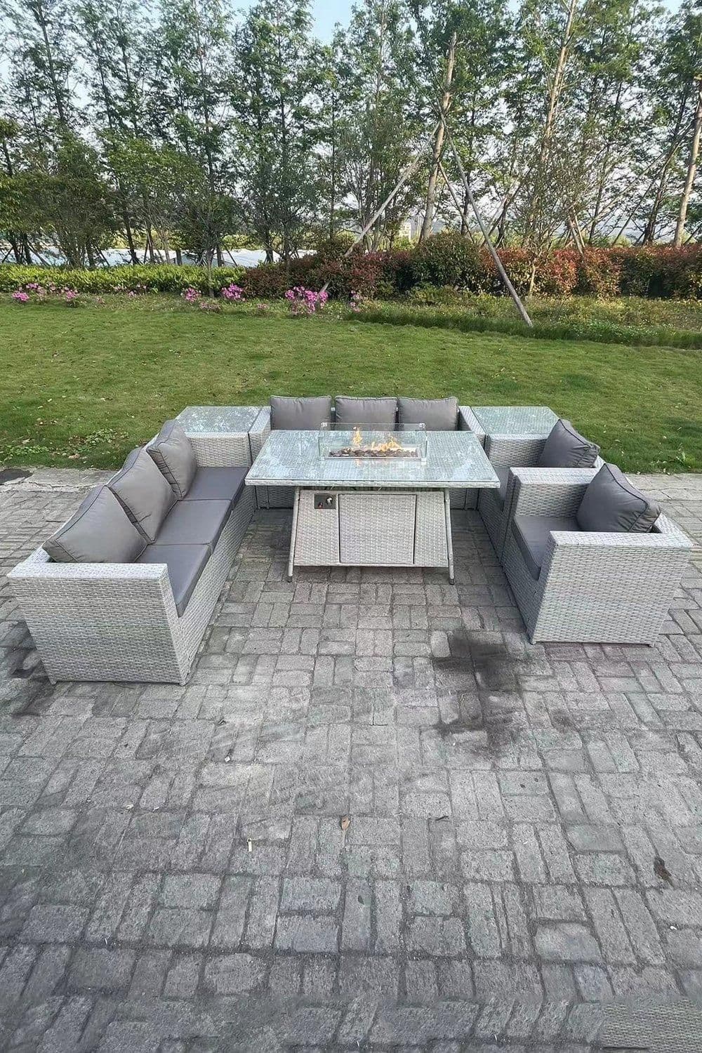 Rattan Fire Pit Garden Furniture Set Gas Heater Burner Lounge Sofa Dining Set 2 Side Coffee Table