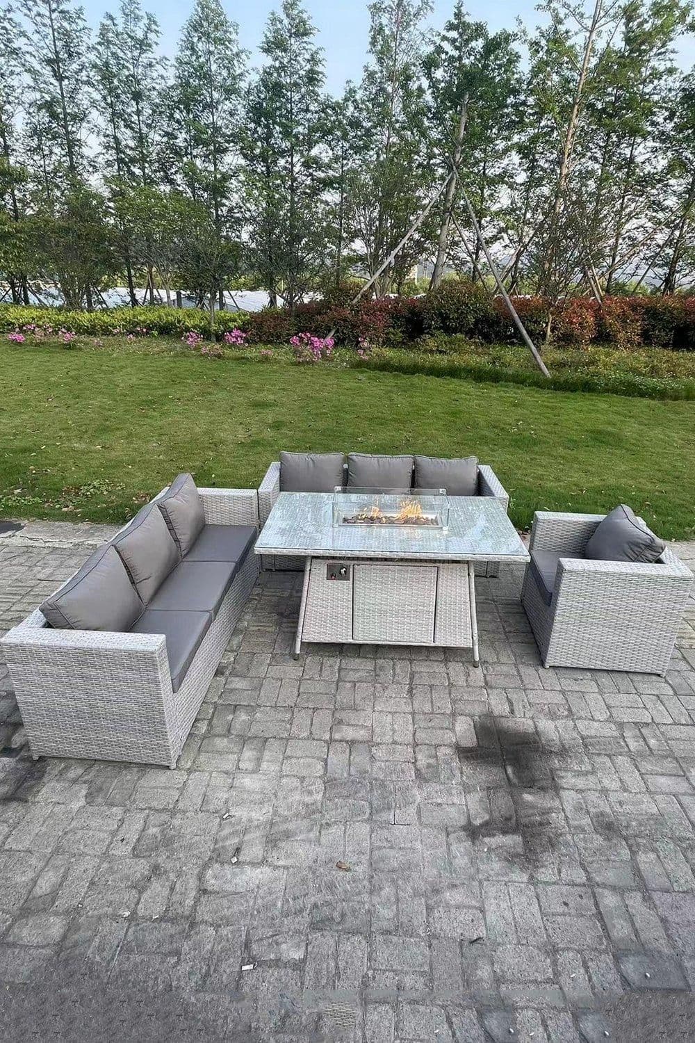 Rattan Garden Furniture Set Gas Fire Pit Dining Set Heater Burner Lounge Sofa Chairs Outdoor