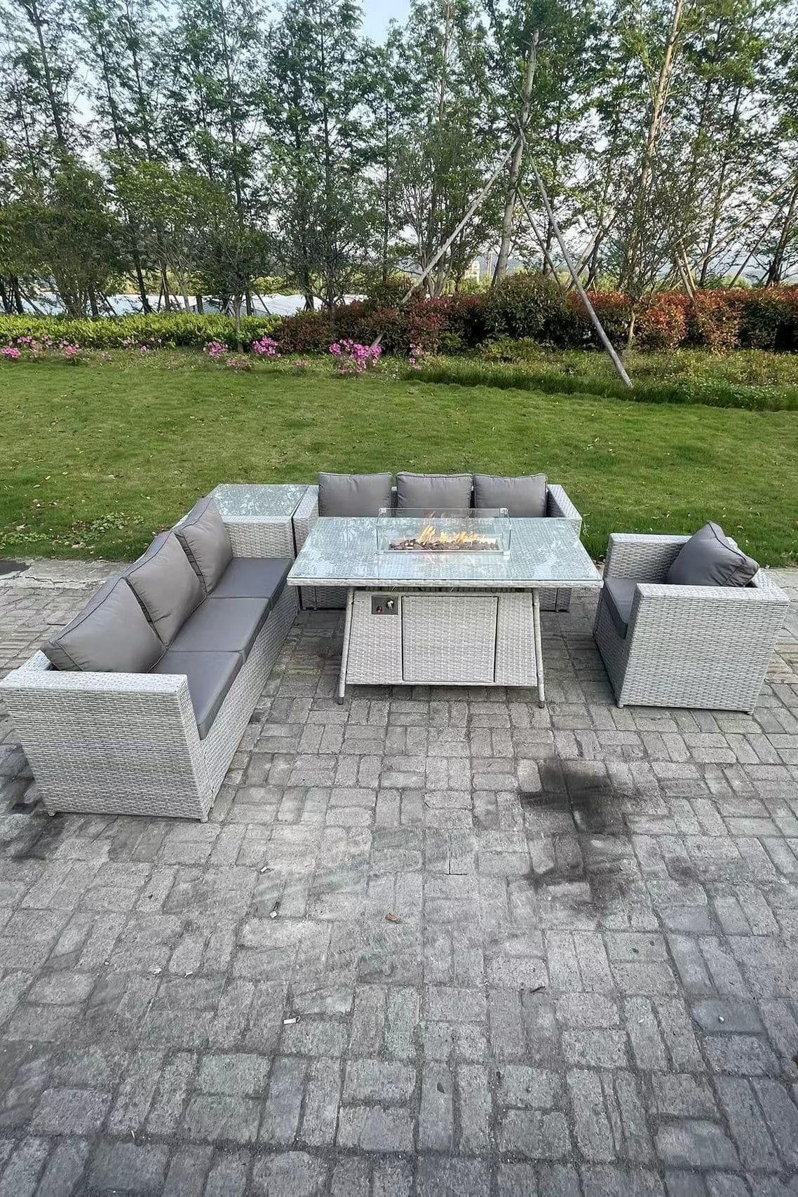 Corner Rattan FirePit Garden Furniture Set Gas Heater Burner Lounge Sofa Side Coffee Table