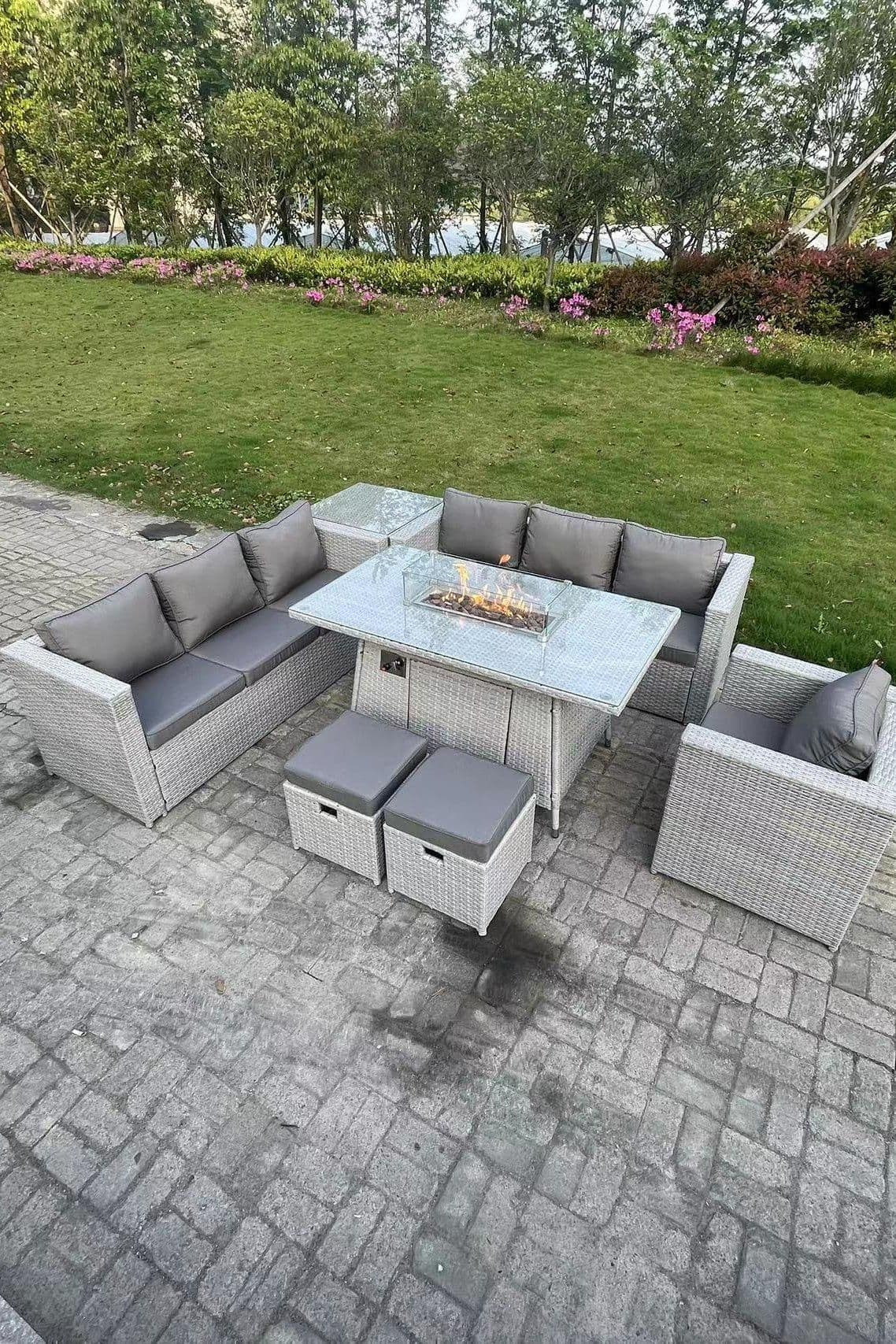 Rattan Fire Pit Garden Furniture Dining Table Set Gas Heater Burner Lounge Sofa Side Coffee Table