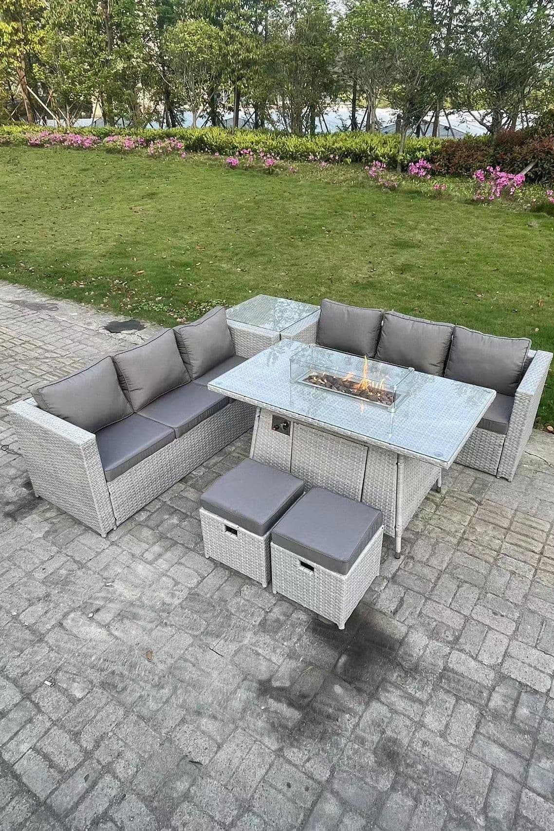 Rattan FirePit Garden Furniture Set Gas Heater Burner Lounge Sofa Dining Table Side Coffee Table