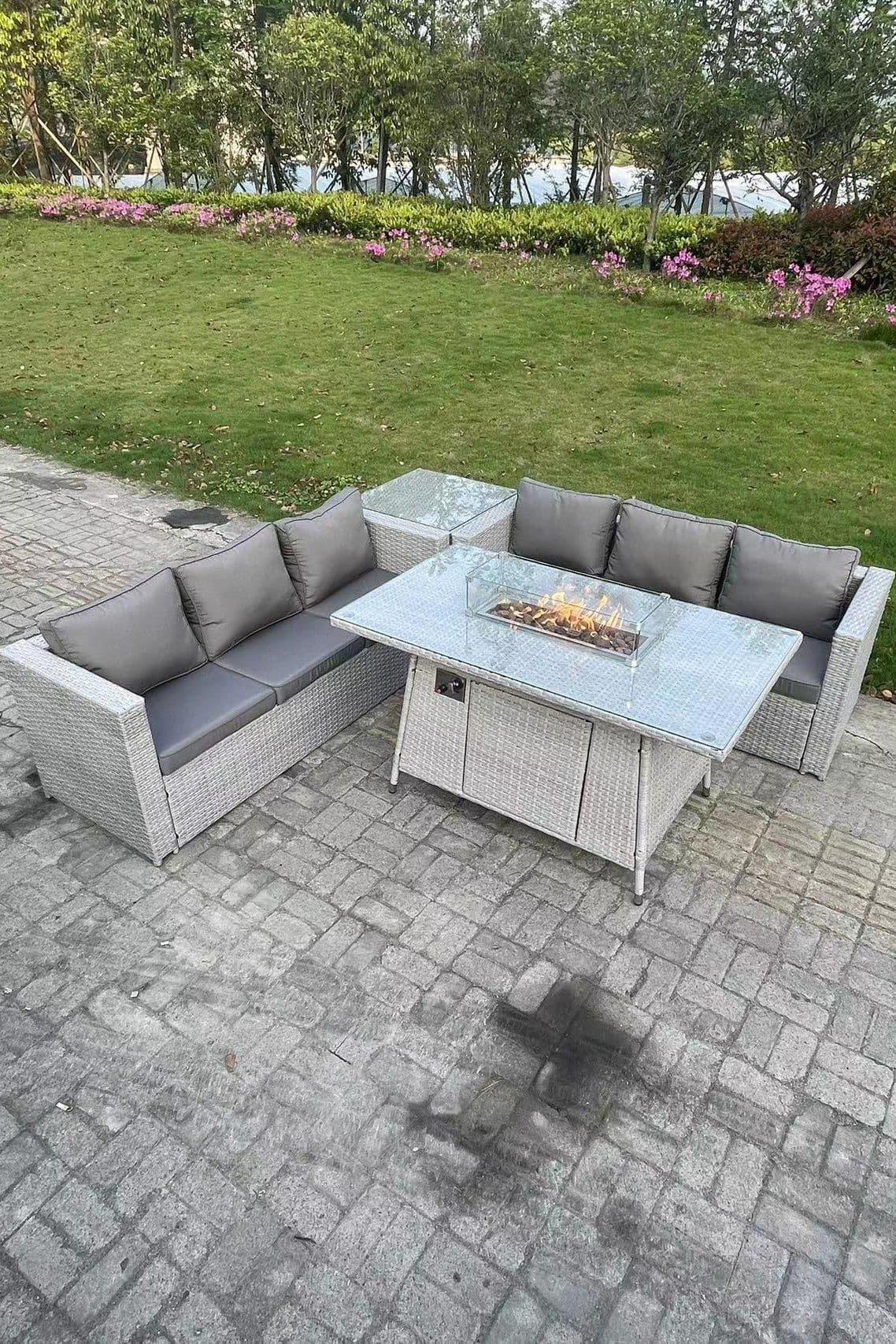Corner Rattan Fire Pit Garden Furniture Set Gas Heater Burner Lounge Sofa Dining Table