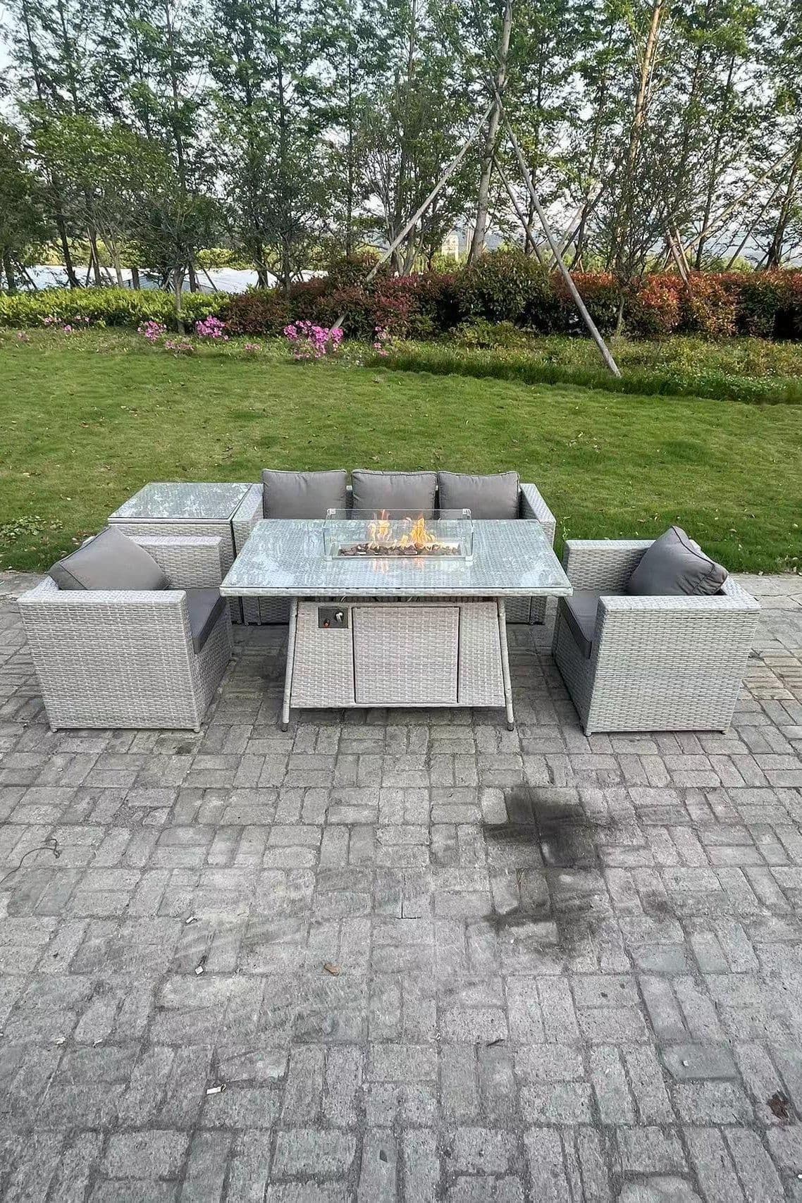 Corner Rattan Garden Furniture Set Gas Fire Pit Dining Set Heater Lounge Sofa SideTable