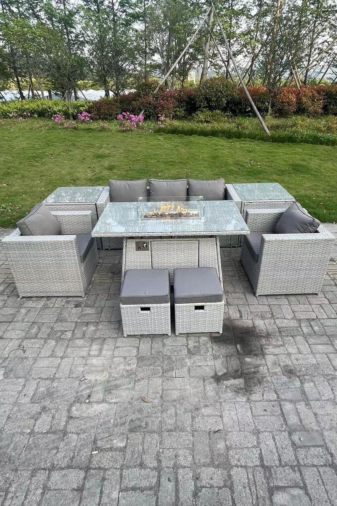 Rattan Garden Furniture Set Gas Fire Pit Lounge Sofa Chair Dining Set 2 Side Table