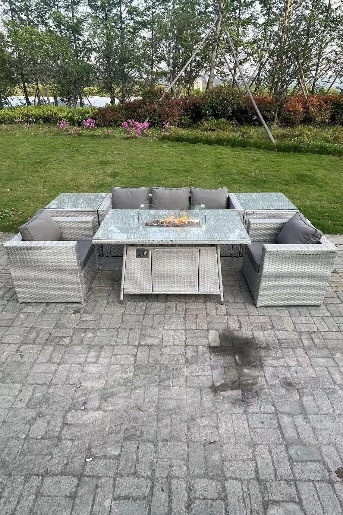 Light Grey Corner Rattan Garden Furniture Set Gas Fire Pit Heater Burner Lounge Sofa