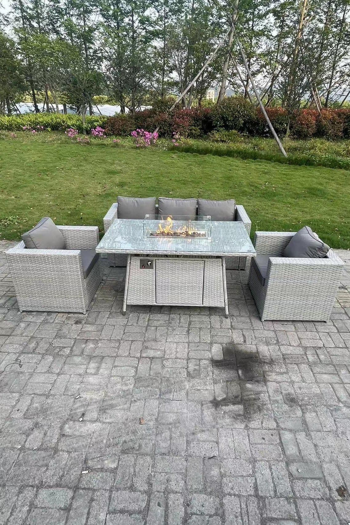 Rattan Gas Fire Pit Garden Furniture Dining Table Set Heater Burner Chairs Lounge Sofa Set