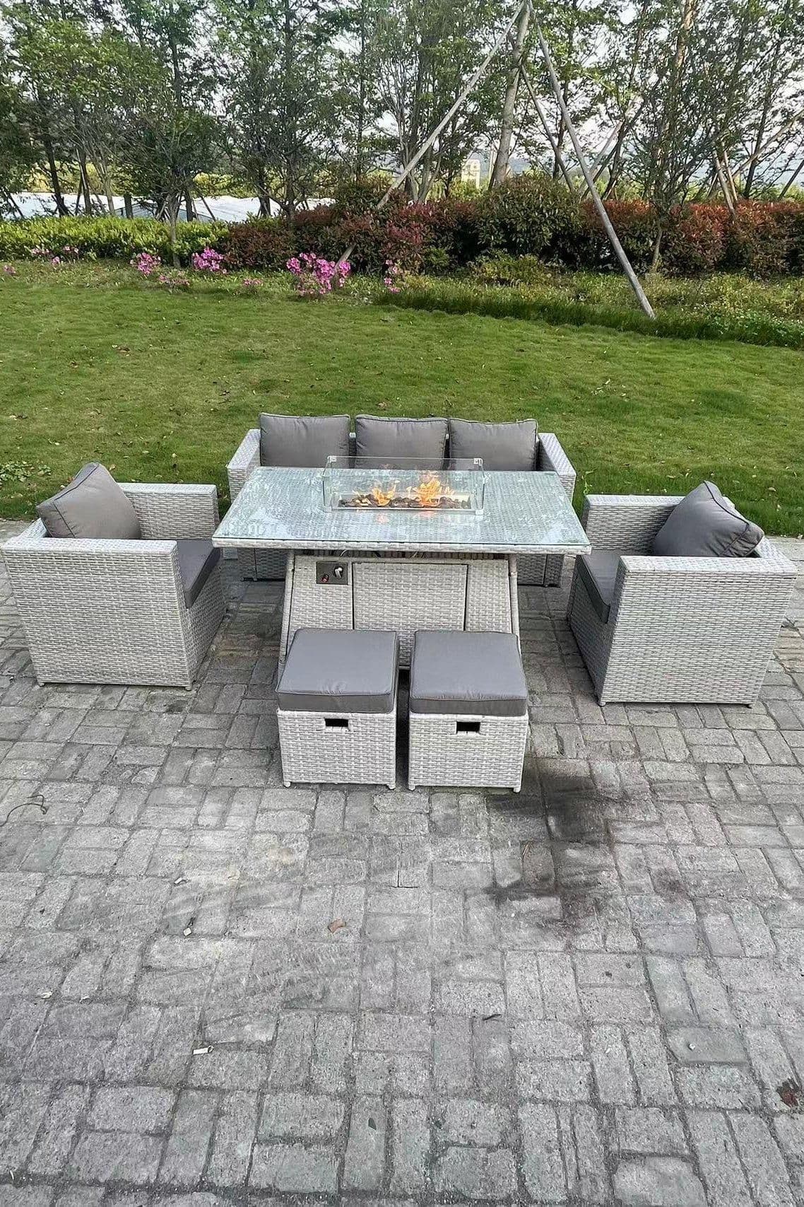 Rattan Garden Furniture Set Gas Fire Pit Dining Table Set Heater Burner Chairs
