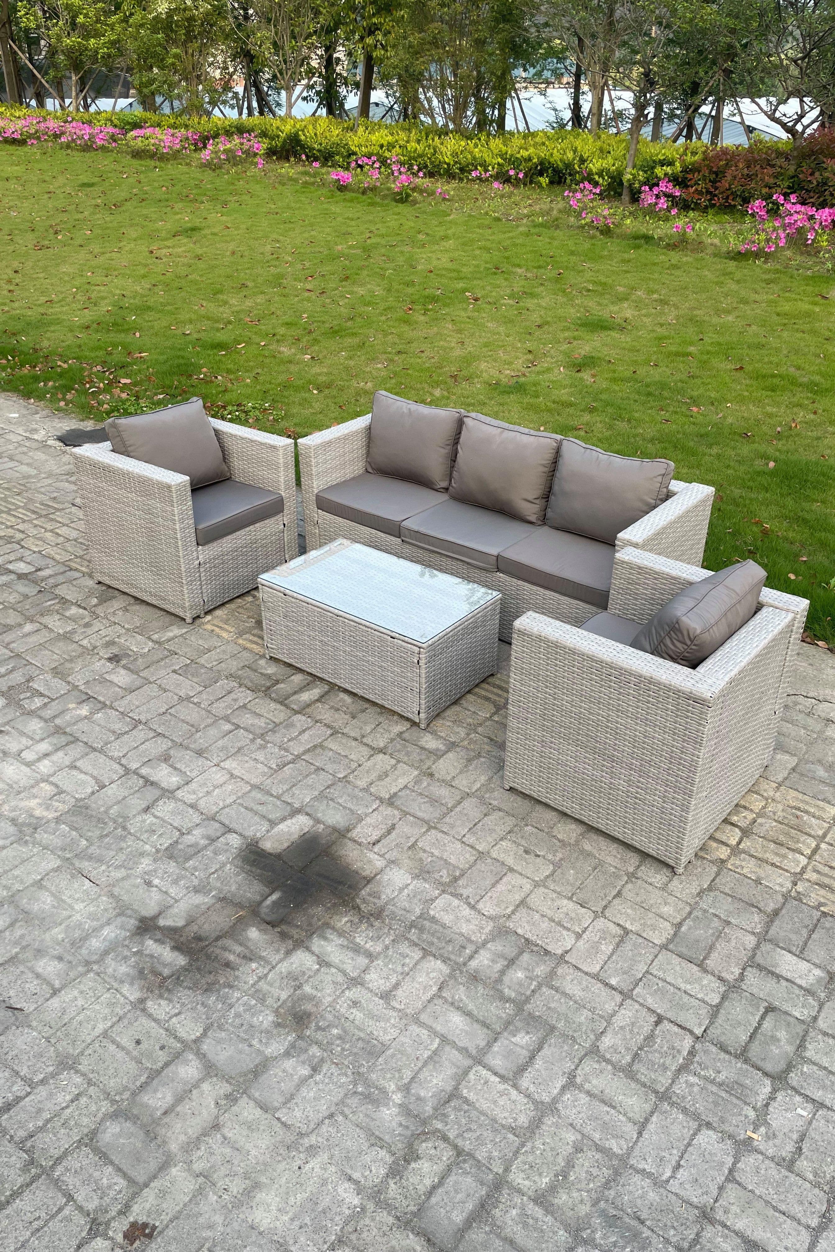 4 PC Light Grey Outdoor PE Rattan Garden Furniture Set Wicker Sofa Coffee Table 2 Armchair