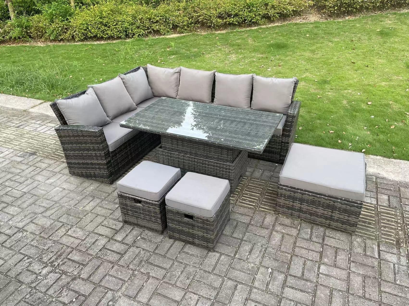 9 Seater High Back Rattan Adjustable Rising Lifting Dining Table Corner Sofa Set Garden Furniture Left Hand