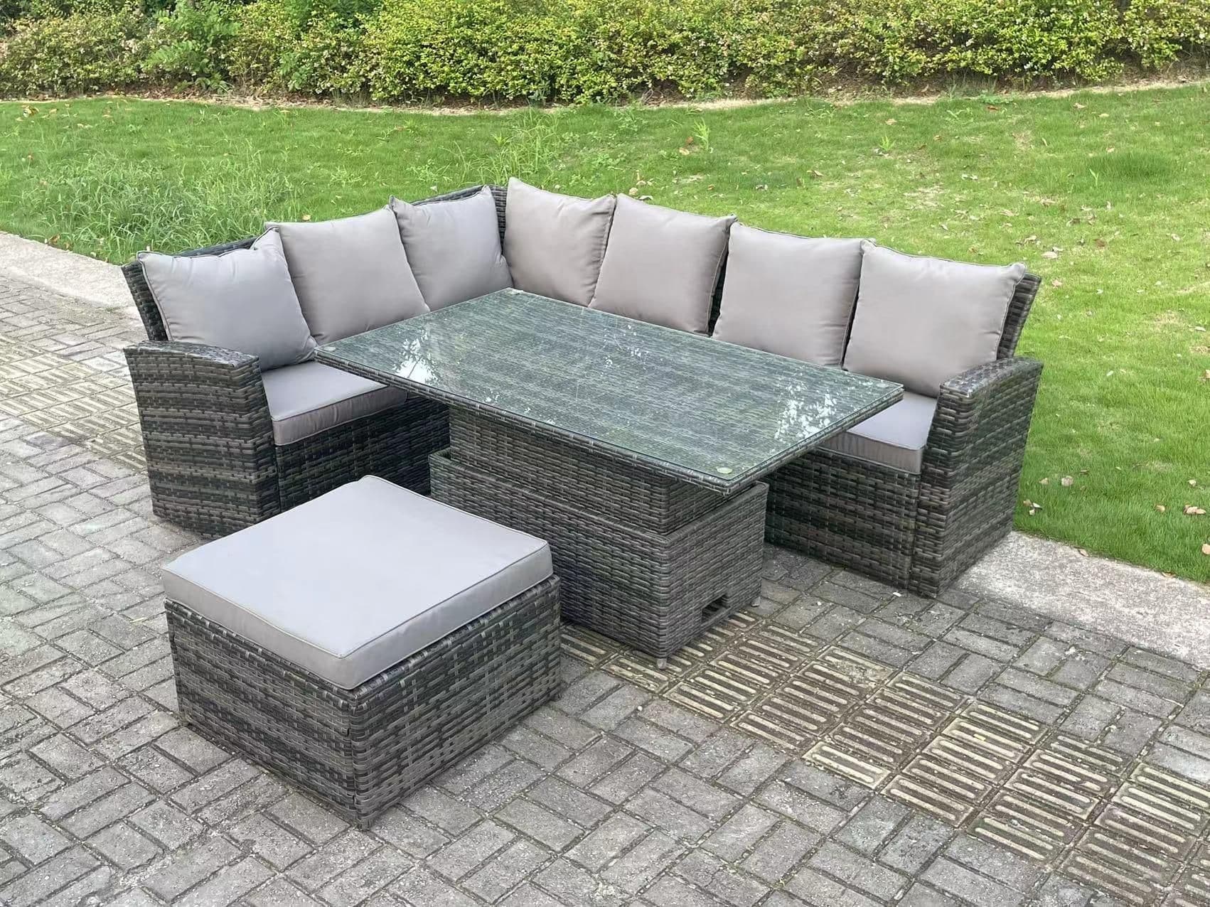 7 Seater Rattan High Back Adjustable Rising Lifting Dining Table Corner Sofa Set Garden Furniture Left Hand