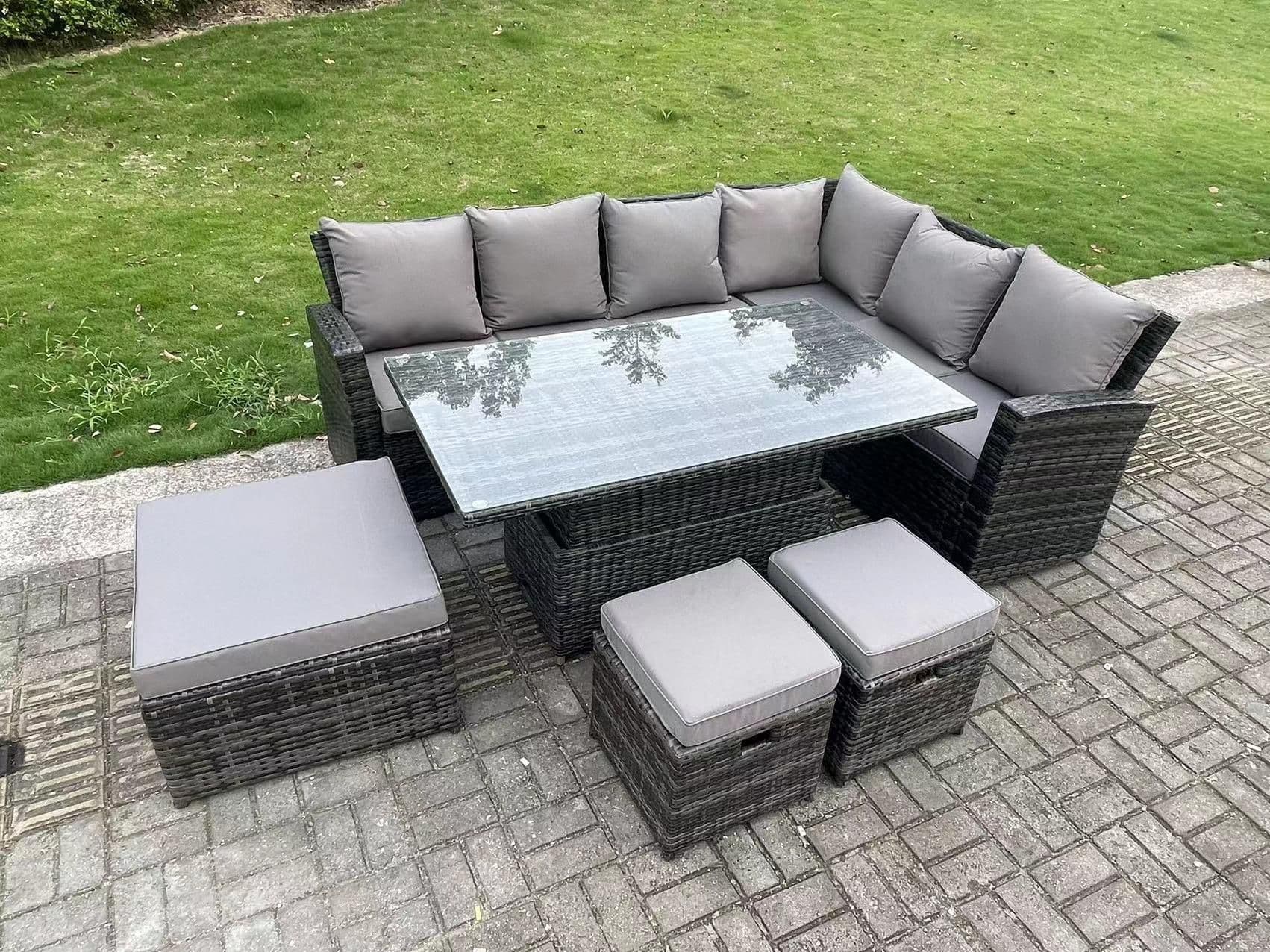 9 Seater High Back Outdoor Rattan Adjustable Rising Lifting Dining Table Corner Sofa Garden Furniture Right Hand