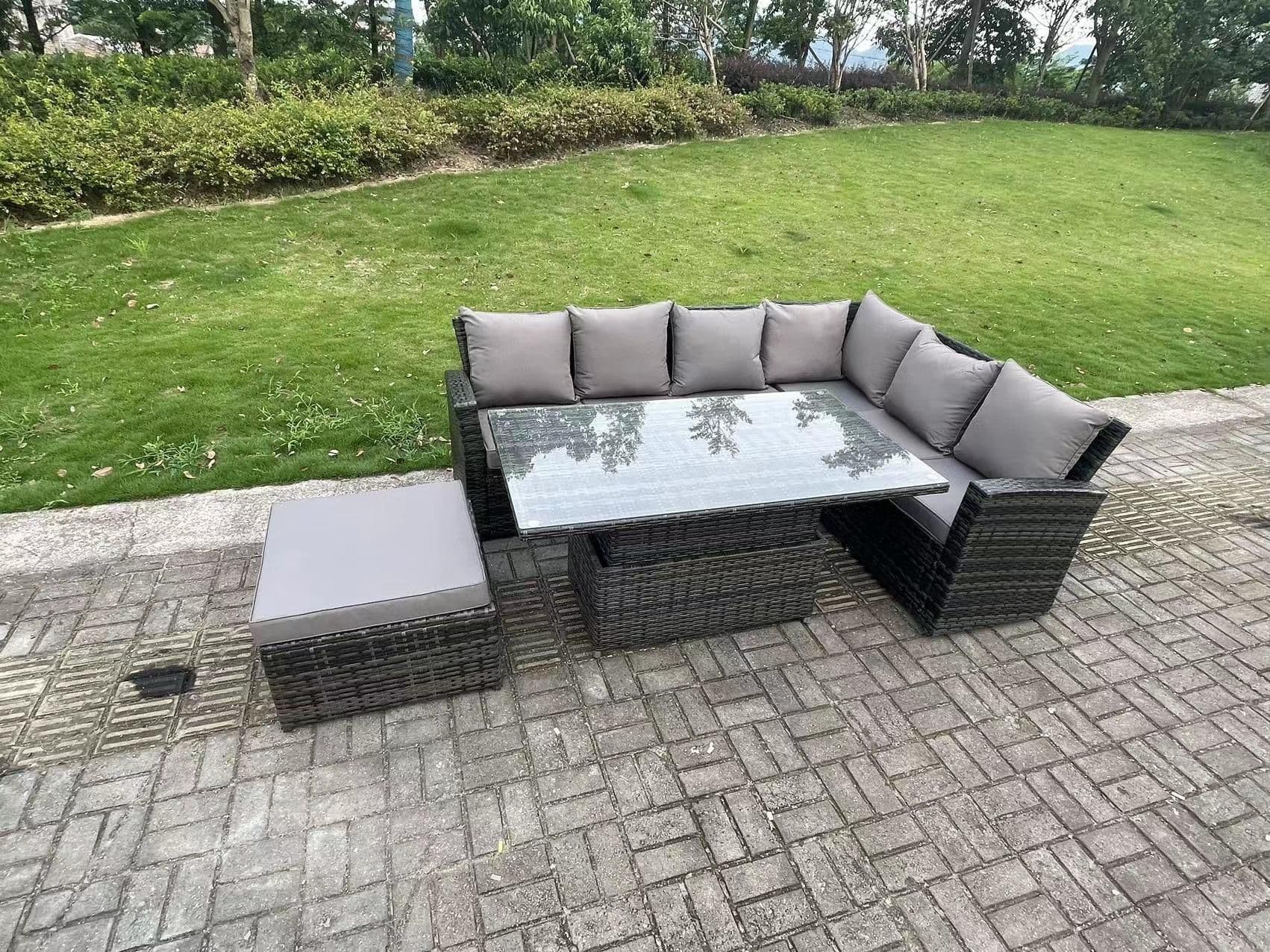 7 Seater Rattan High Back Adjustable Rising Lifting Dining Table Corner Sofa Set Garden Furniture Right Hand