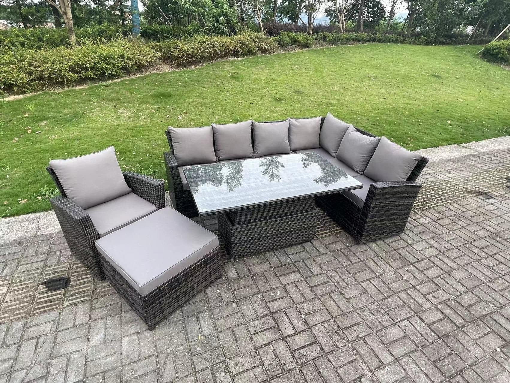 8 Seater Outdoor High Back Rattan Adjustable Rising Lifting Dining Table Set Garden Furniture Set Right Hand