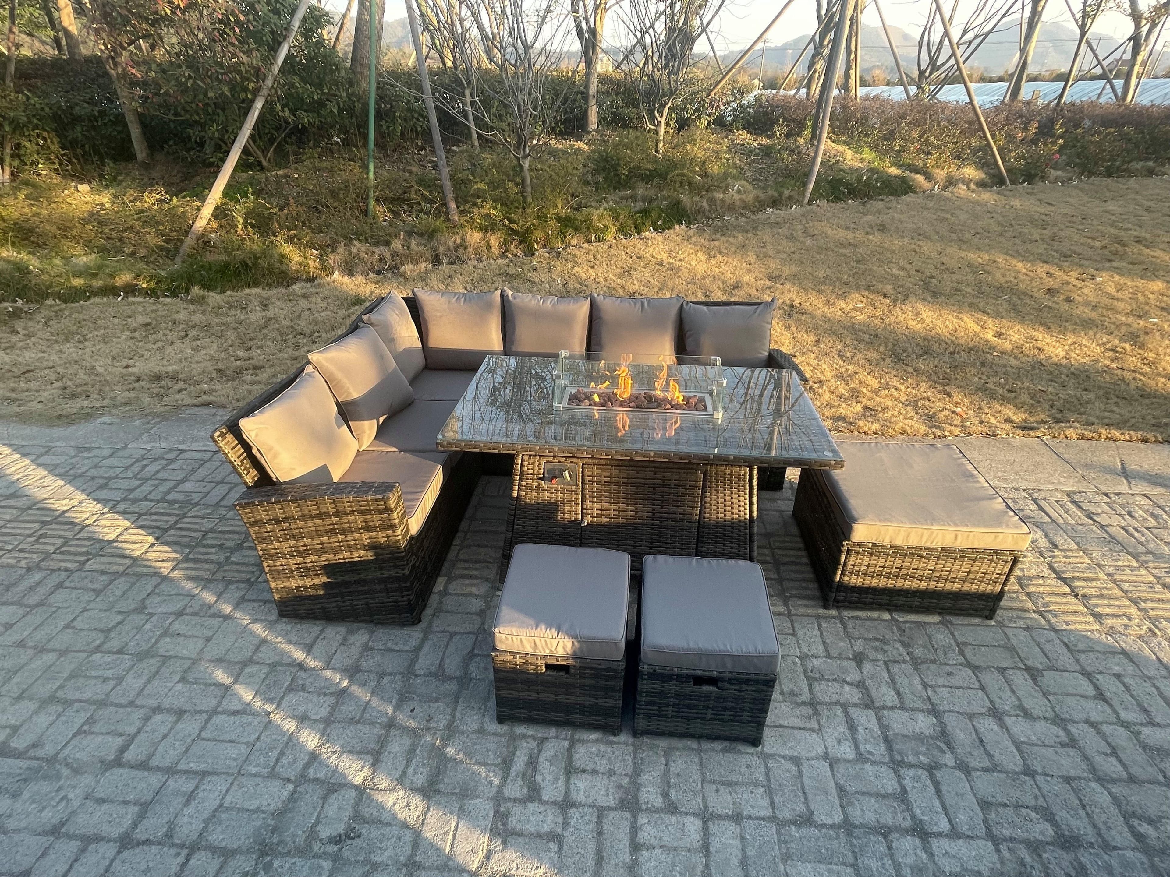 High Back Rattan Garden Furniture Sets Gas Fire Pit Dining Table Left Corner Sofa Small Footstools Chair 9 Seater