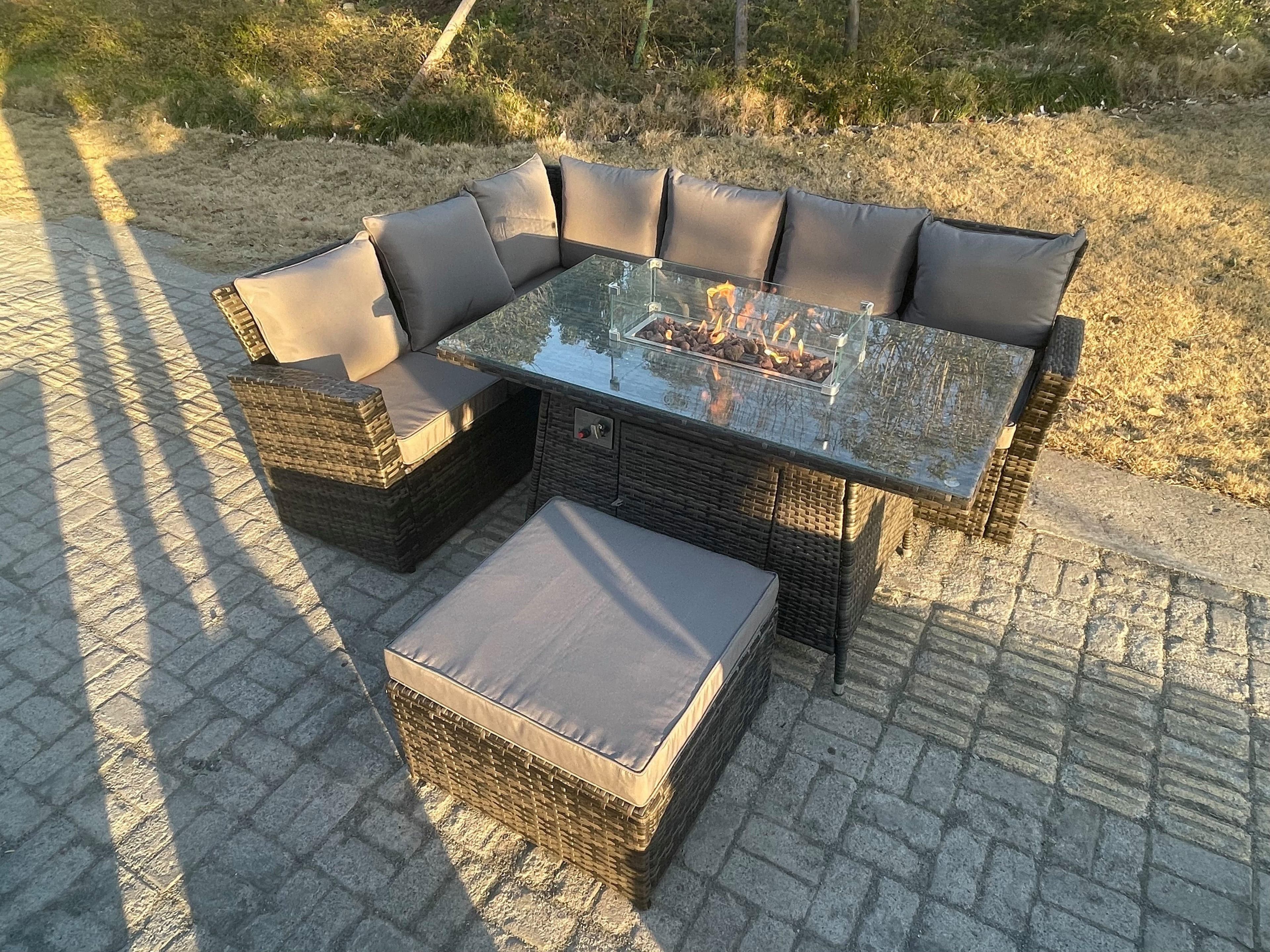 High Back Rattan Garden Furniture Sets Gas Fire Pit Dining Table Left Corner Sofa Big Footstools 7 Seater