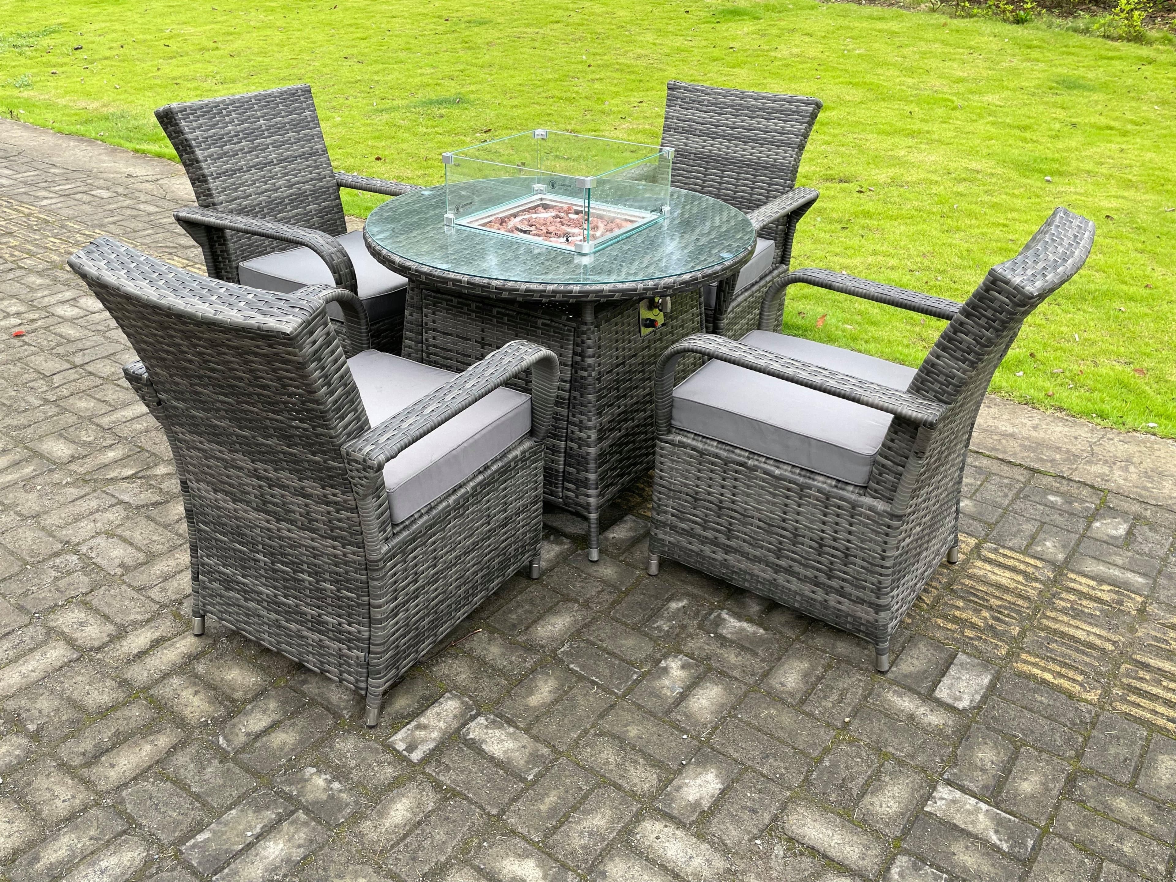 Rattan Garden Furniture Gas Fire Pit Round Dining Table Set Gas Heater Dining Chairs 4 Seater