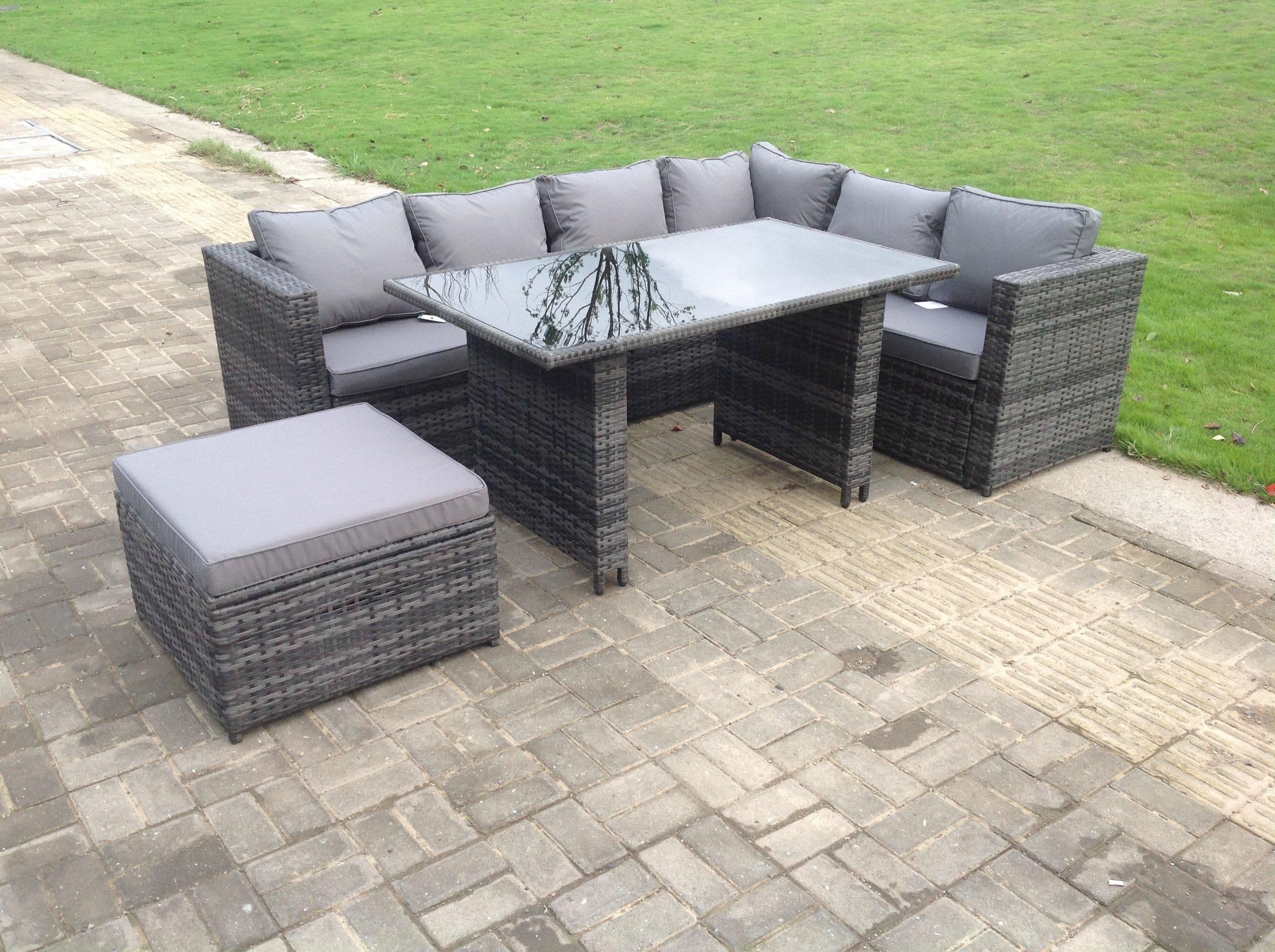 7 Seater Rattan Corner Sofa Set Rectangular Dining Table Set Seat Back Cushion