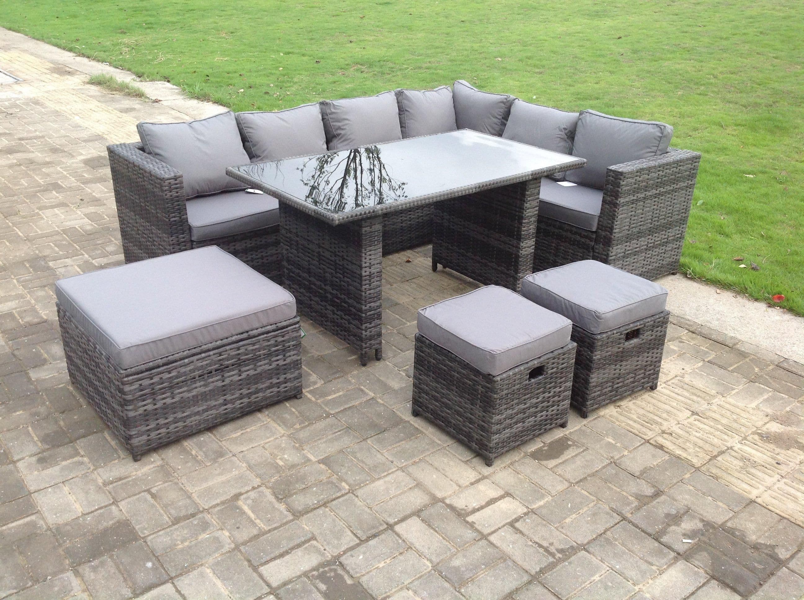 7 Seater PE Rattan Corner Sofa Set Rectangular Dining Table Set Seat Back Cushion