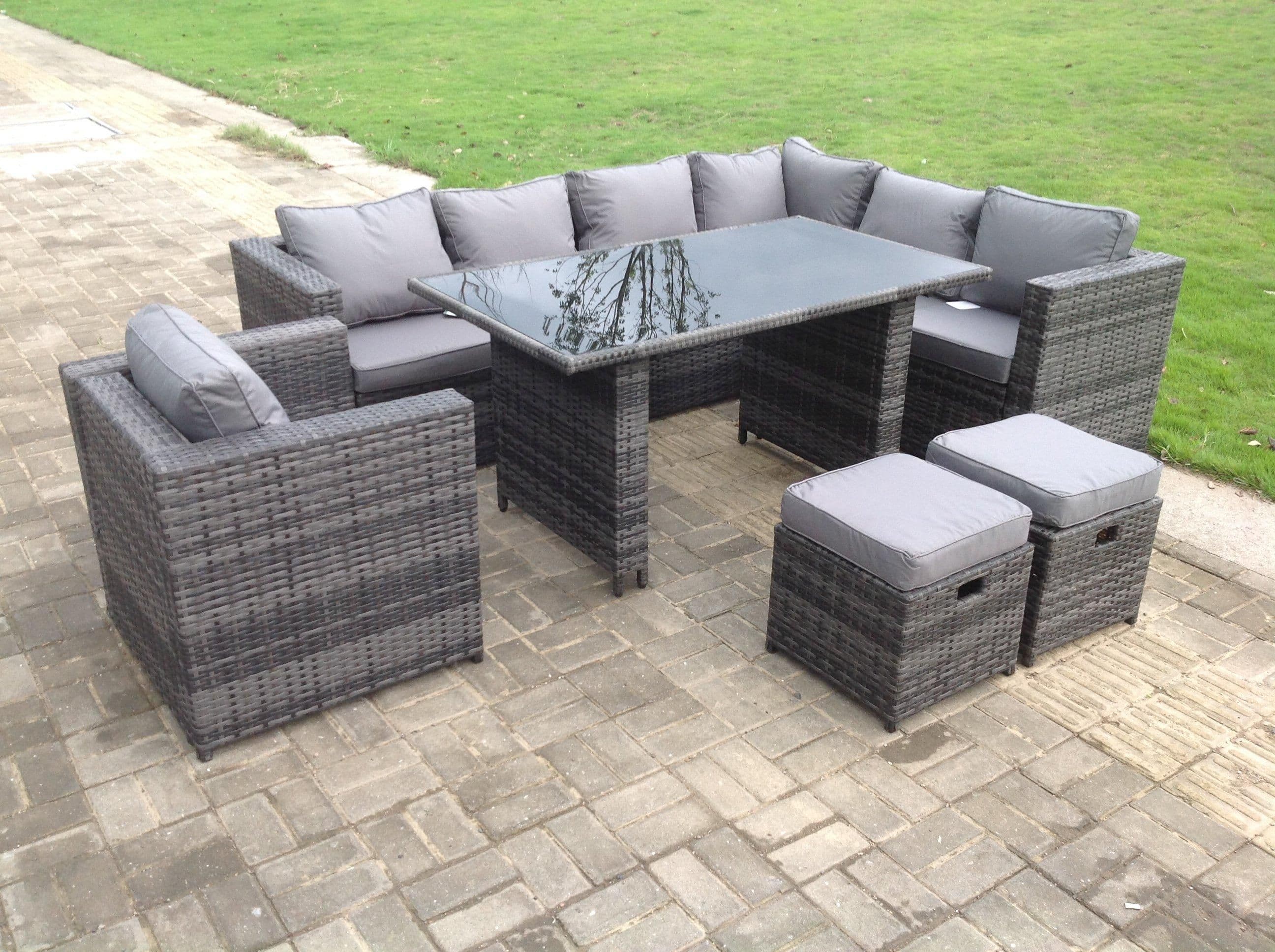 8 Seater Outdoor Lounge Rattan Corner Sofa Set Garden Furniture Rectangular Dining Table Chair
