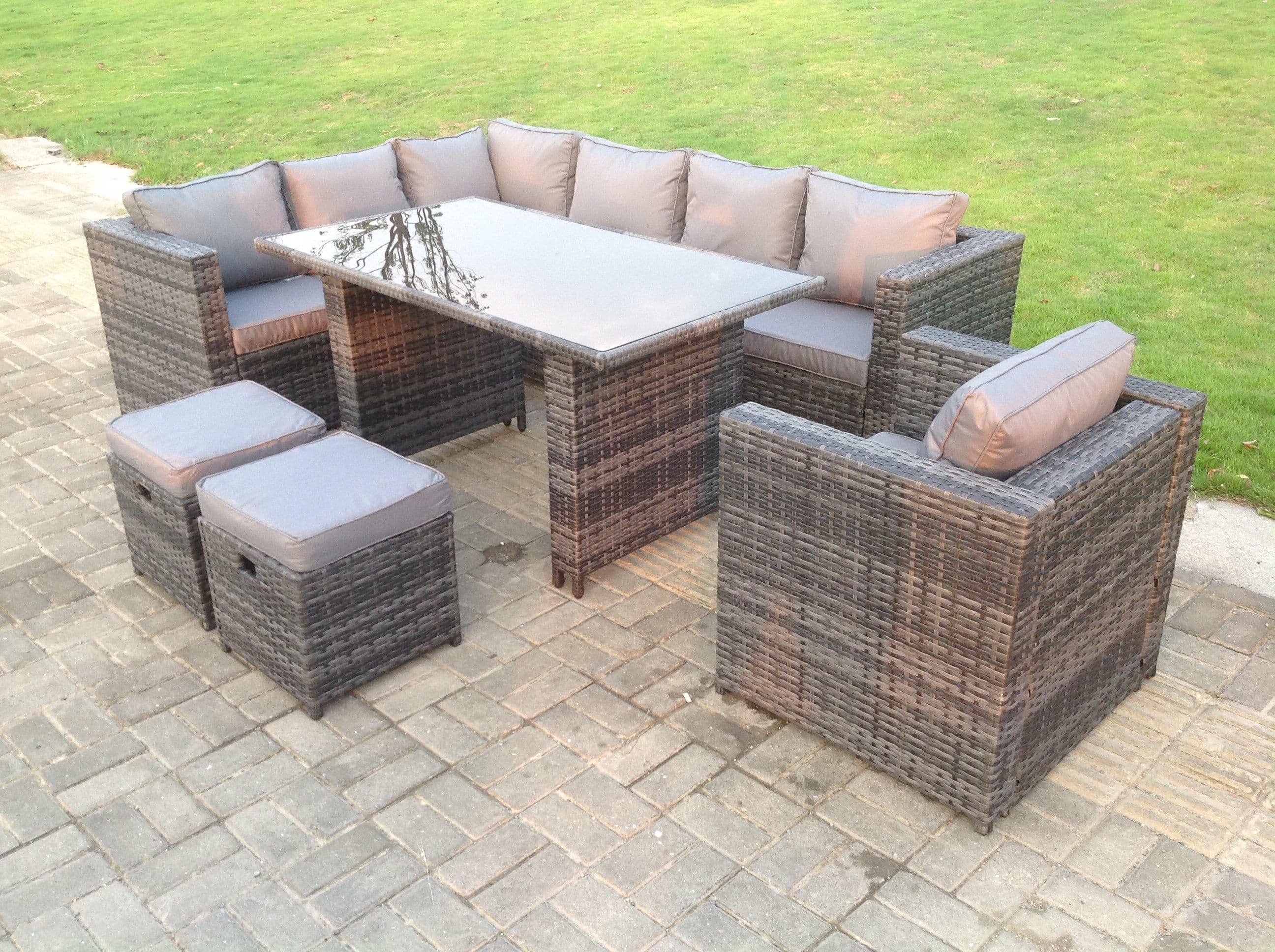 Outdoor Lounge Rattan Corner Sofa Set Garden Furniture Rectangular Dining Table Chair 8 Seater