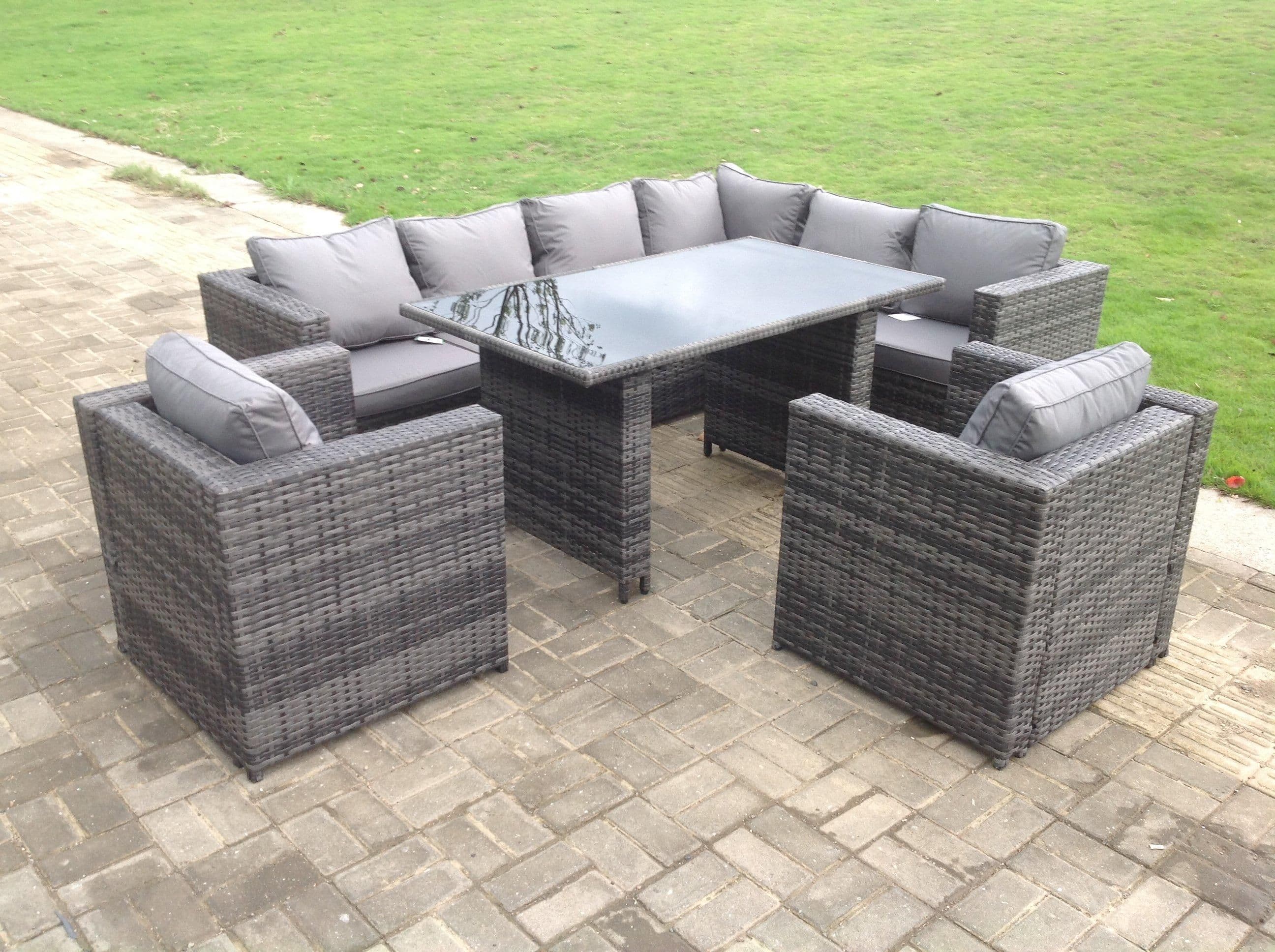 Outdoor Lounge Rattan Corner Sofa Set Garden Furniture Rectangular Dining Table Chair Dark Grey