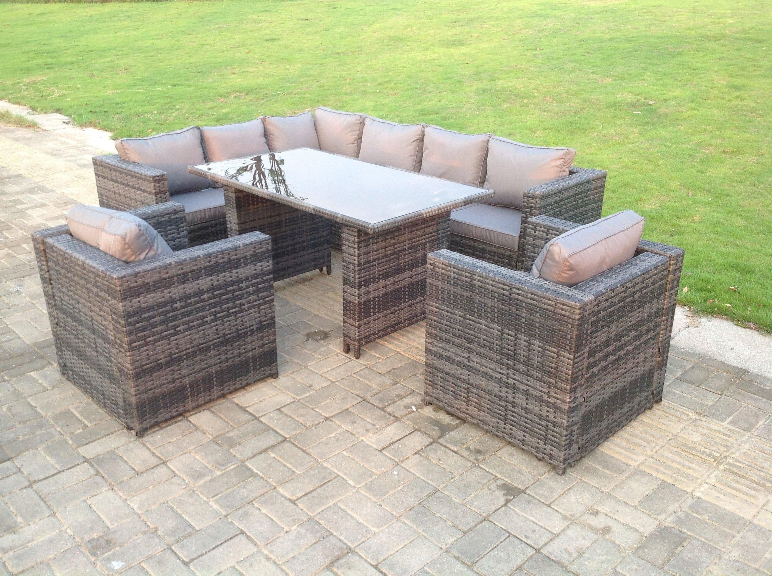 Dark Grey Outdoor Lounge Rattan Corner Sofa Set Garden Furniture Rectangular Dining Table Chair